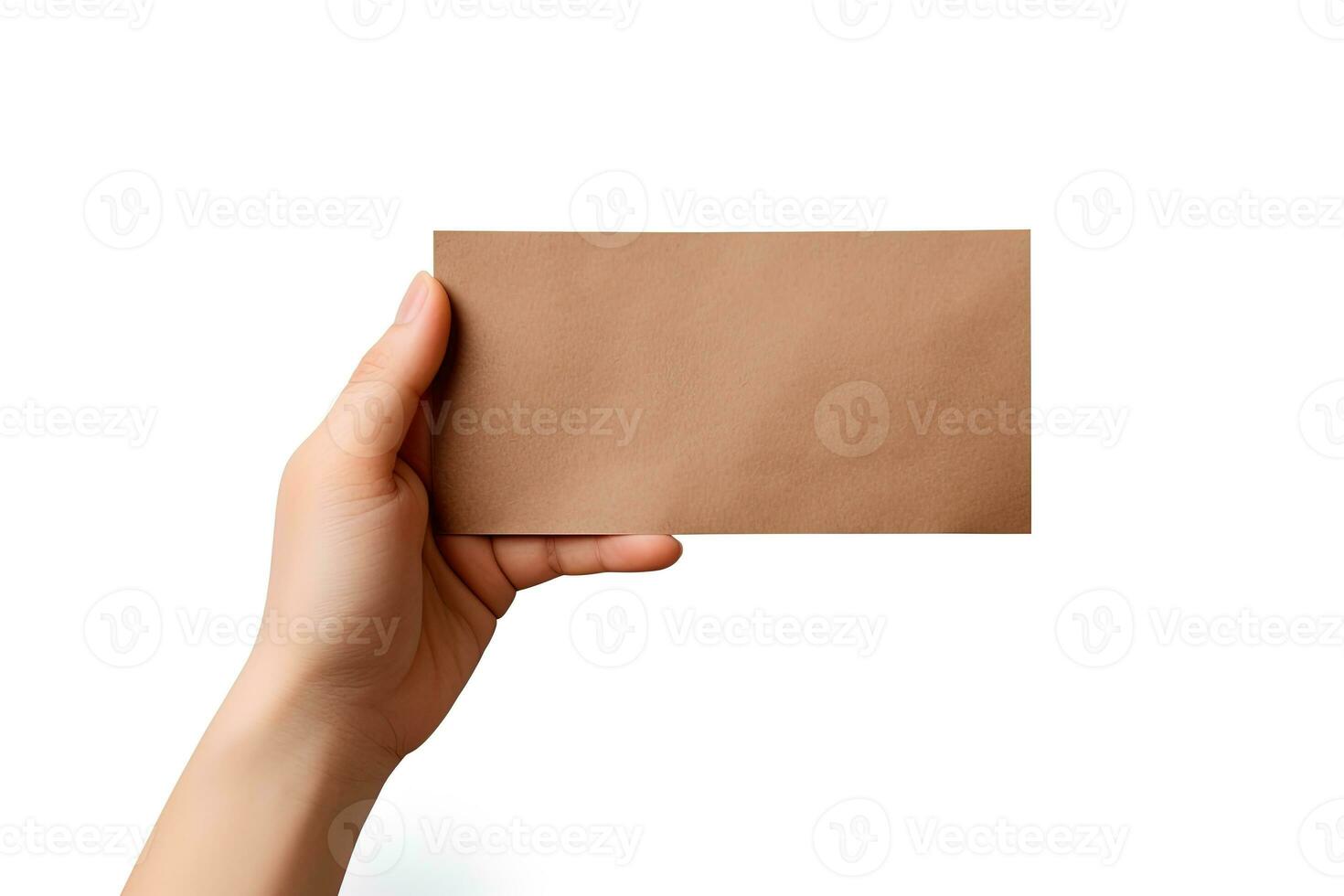 en mänsklig hand innehav en tom ark av brun papper eller kort isolerat på en vit bakgrund. ai genererad foto