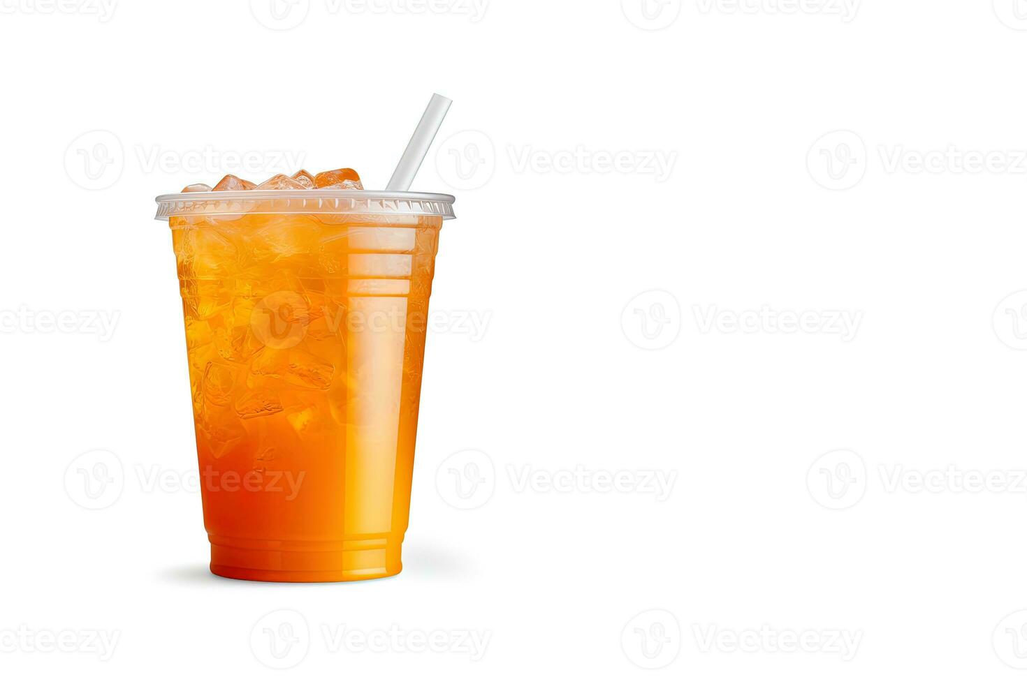 orange Färg dryck i en plast kopp isolerat på en vit bakgrund. ta bort drycker begrepp med kopia Plats. ai genererad foto