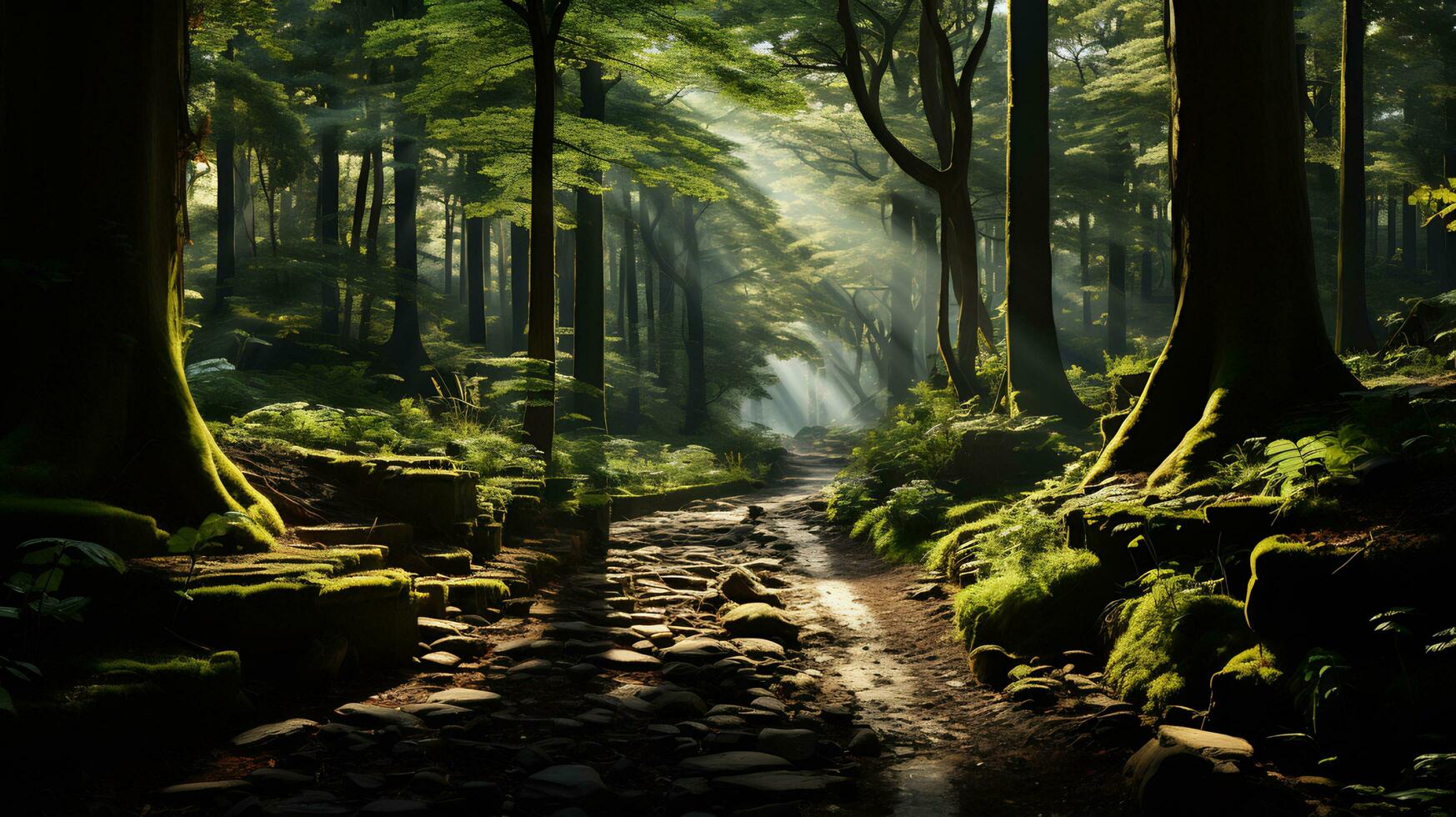 ai generativ magisk skog scener med frodig grönska foto