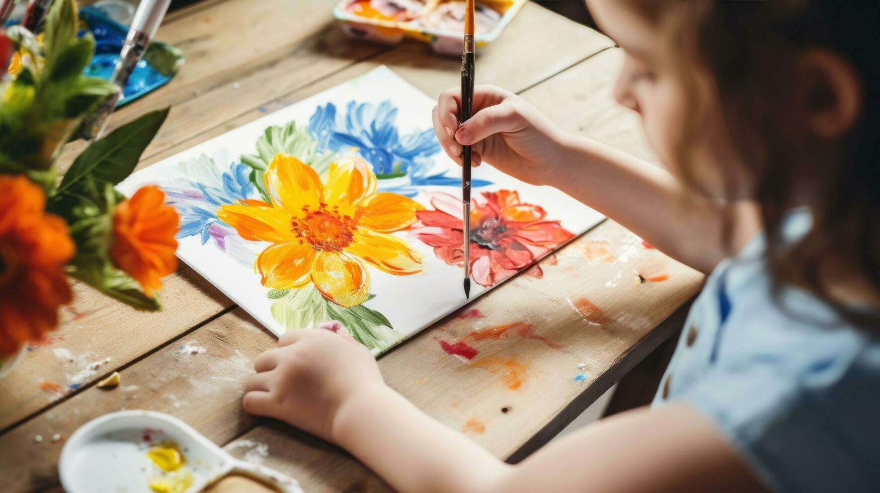 liten flicka målning en blomma med akryl foto