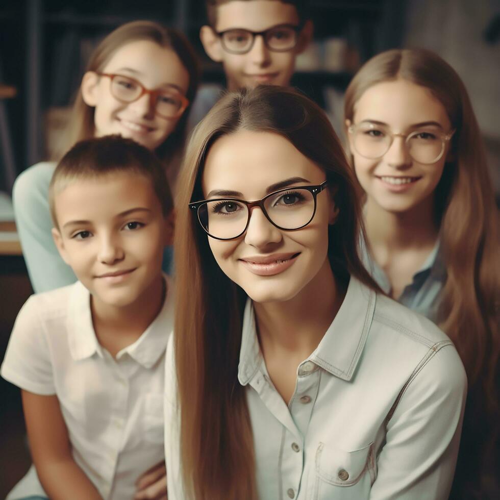 ai generativ en kvinna lärare Framställ för de kamera med henne studenter foto