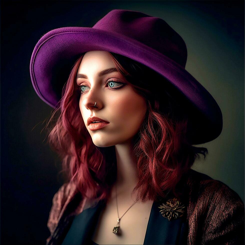 ai generativ en Söt kvinna bär en svart hatt med lila hår foto