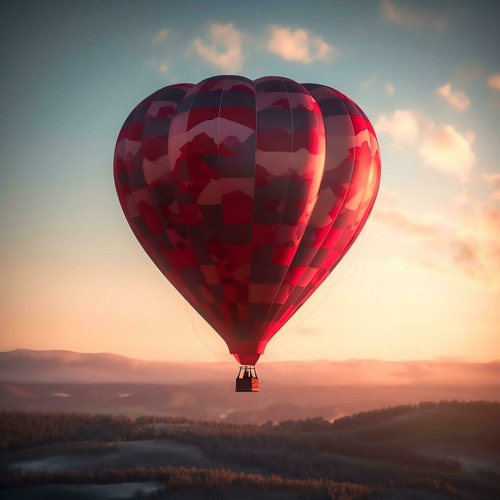 ai generativ en abstrakt röd varm luft ballong reser ensam i de kväll himmel foto