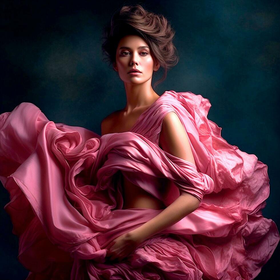 ai generativ en flicka med en abstrakt rosa ruggig klänning på en mörk bakgrund foto