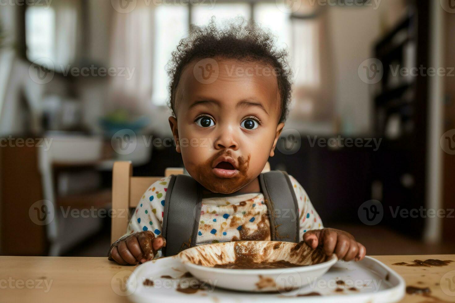 Afroamerikan bebis äter chock. generera ai foto