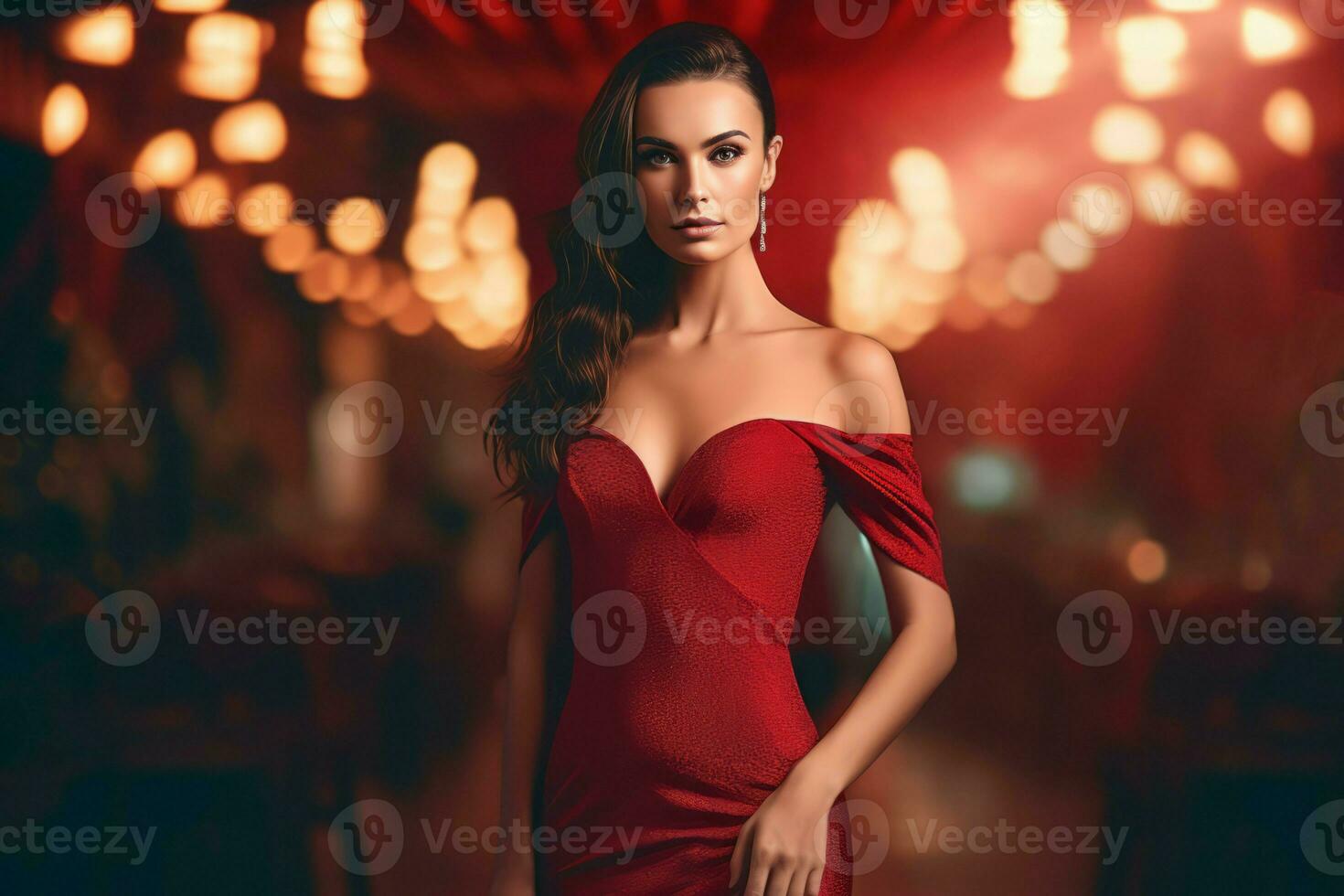 brunett modell röd klänning stående. generera ai foto