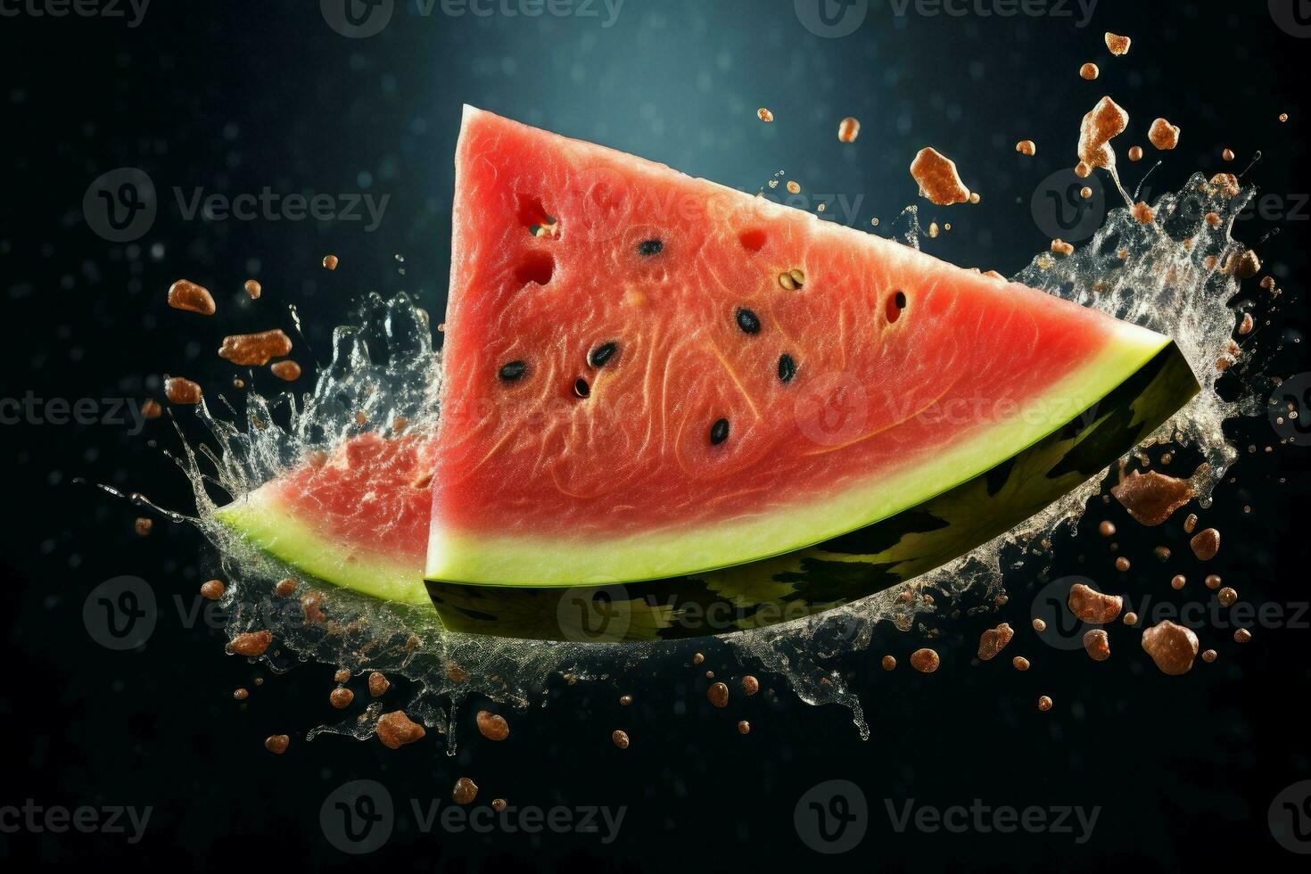 vibrerande flygande vattenmelon skiva. generera ai foto