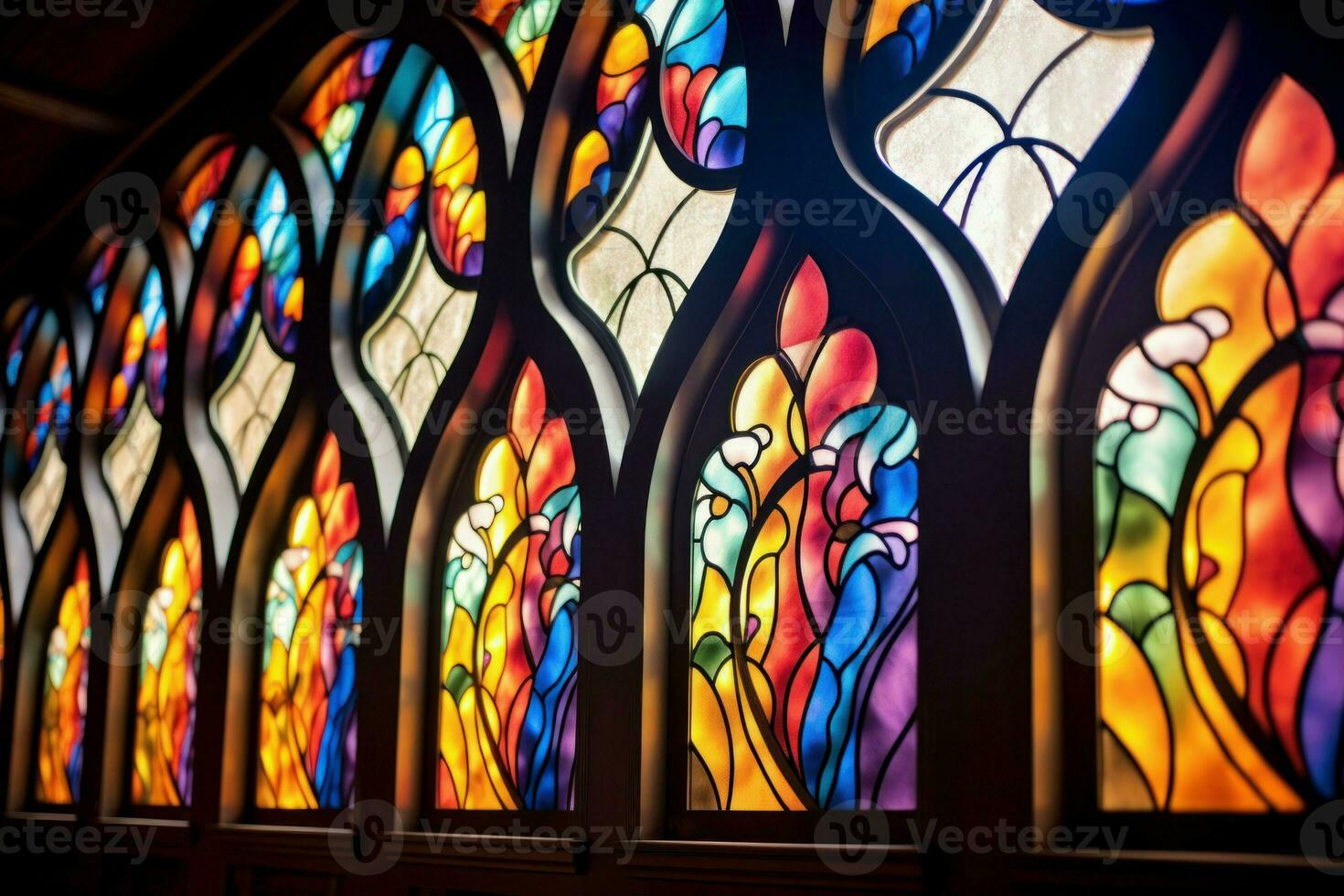 vibrerande färgrik kyrka fönster. generera ai foto