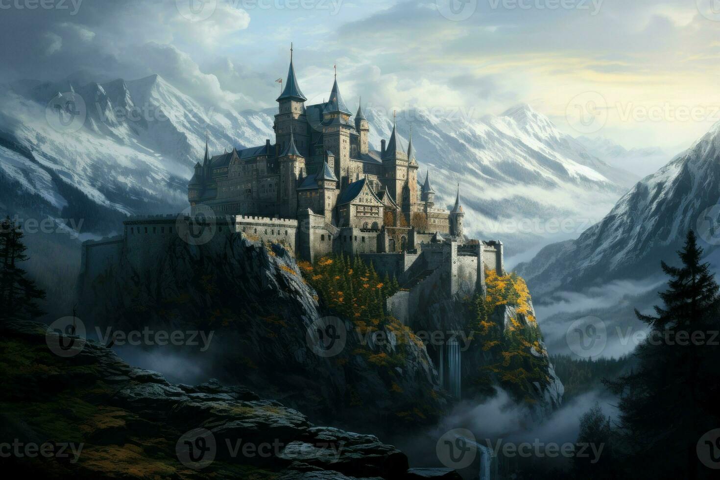 höga slott medeltida berg. generera ai foto