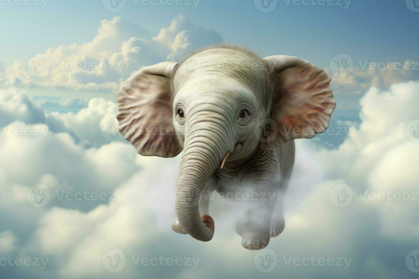drömmande bebis elefant i moln. generera ai foto