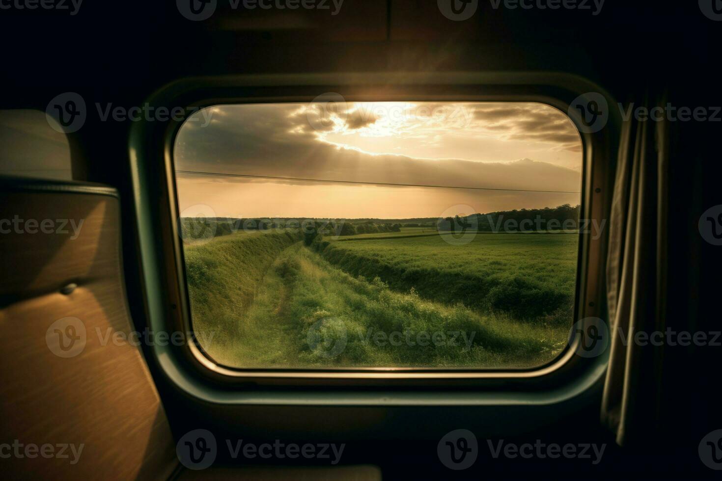 tåg fönster bra se solnedgång. generera ai foto