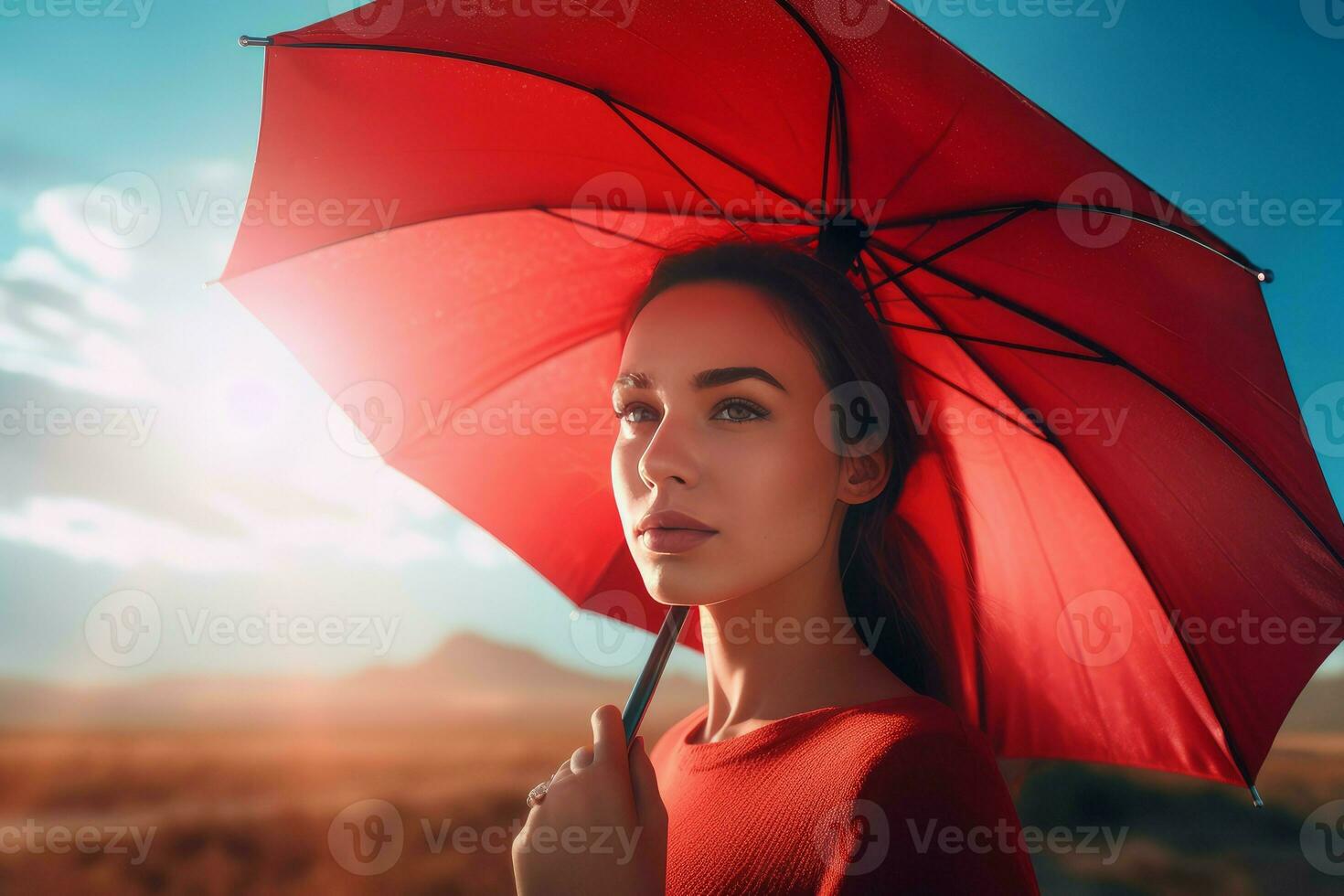 kvinna röd paraply. generera ai foto