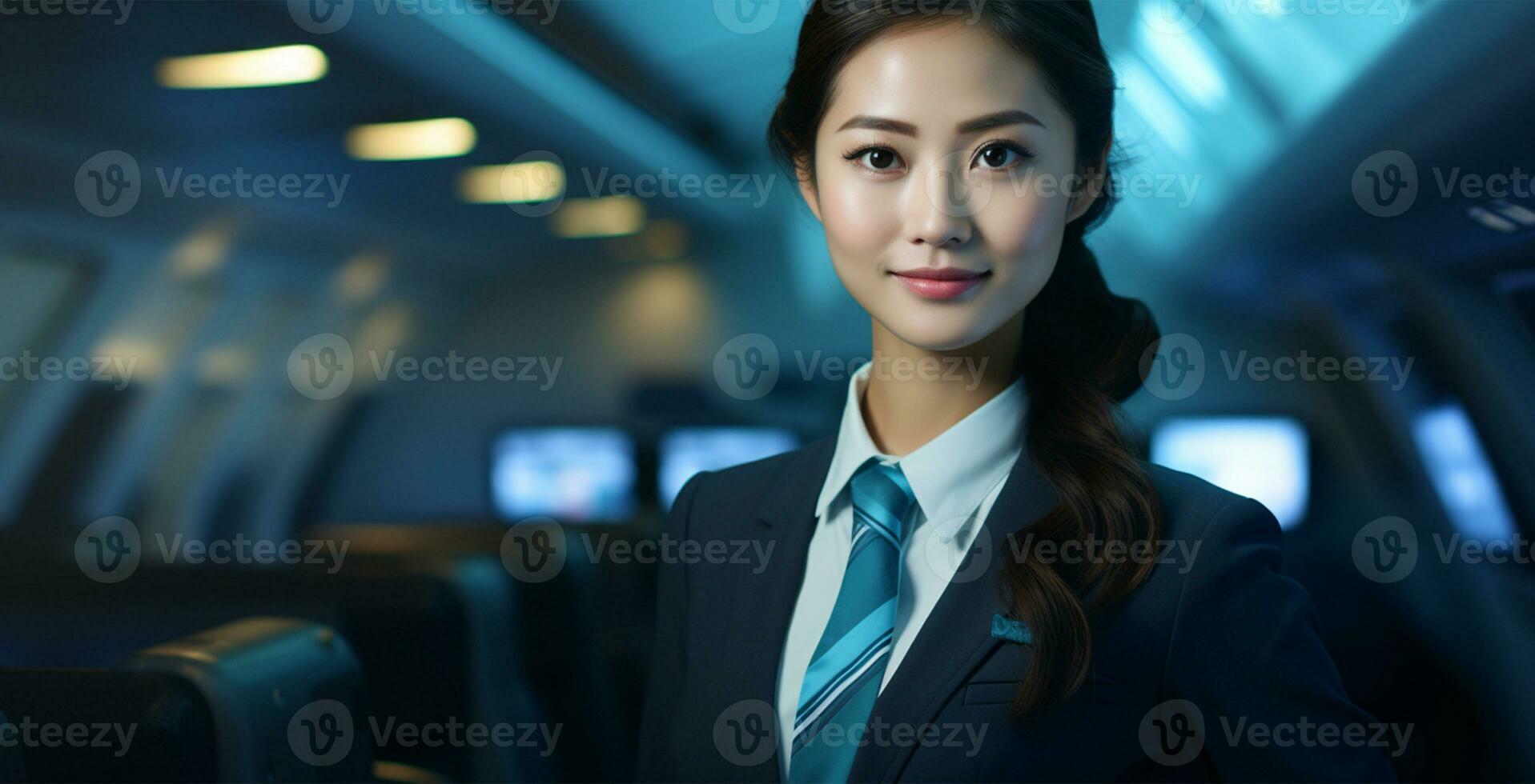 porträtt av asiatisk affärskvinna i flygplan, hon är en flyg skötare ai genererad foto