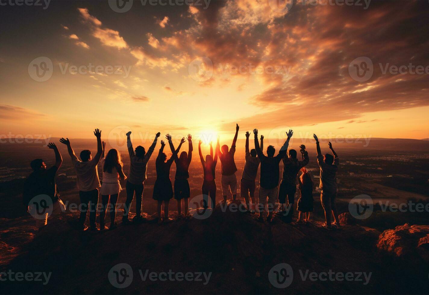 silhuett av en grupp av vänner stående på topp av en berg och ser på de solnedgång ai genererad foto