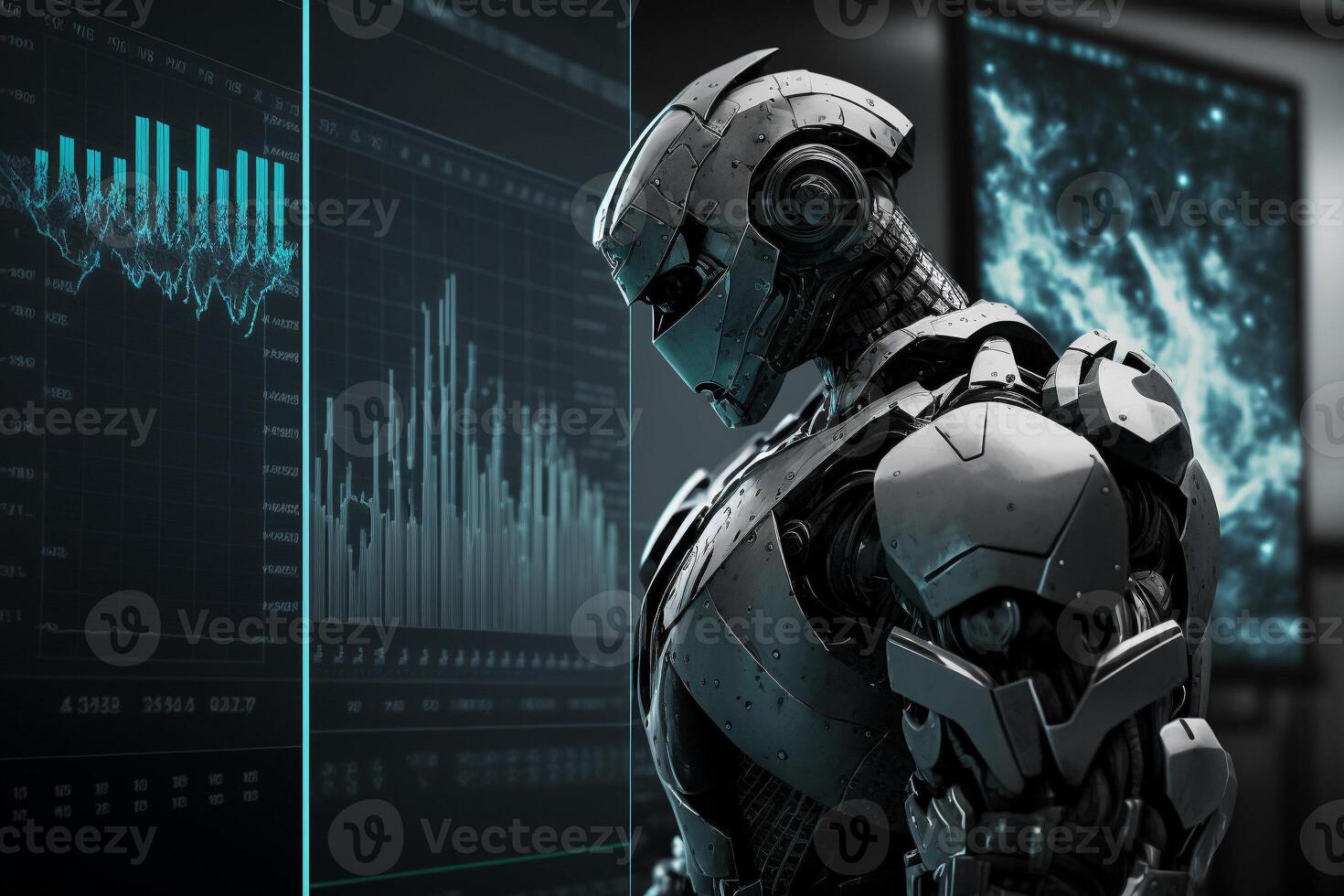 framtida företag 3d teknologi robot och stock Diagram handlare, stock Diagram analys till slå de marknadsföra. generativ ai. foto