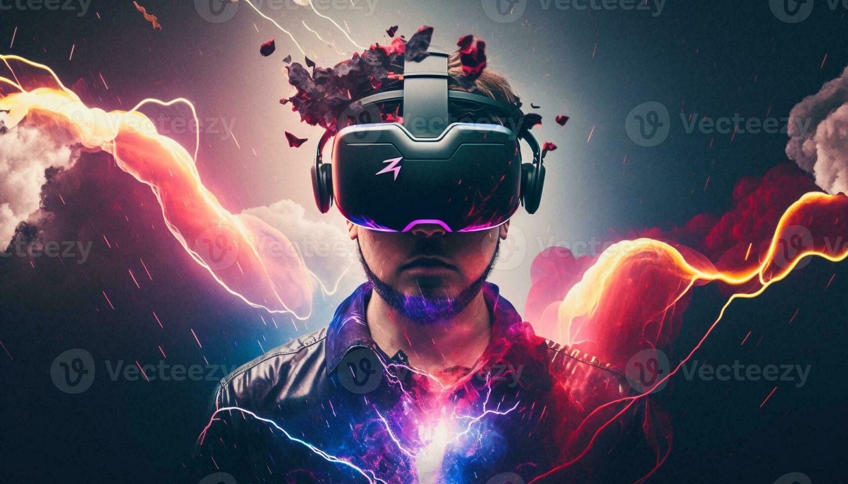 ung man använder sig av virtuell verklighet headset. vr glasögon, futuristisk, teknologi, uppkopplad utbildning, utbildning, video spel begrepp. generativ ai. foto