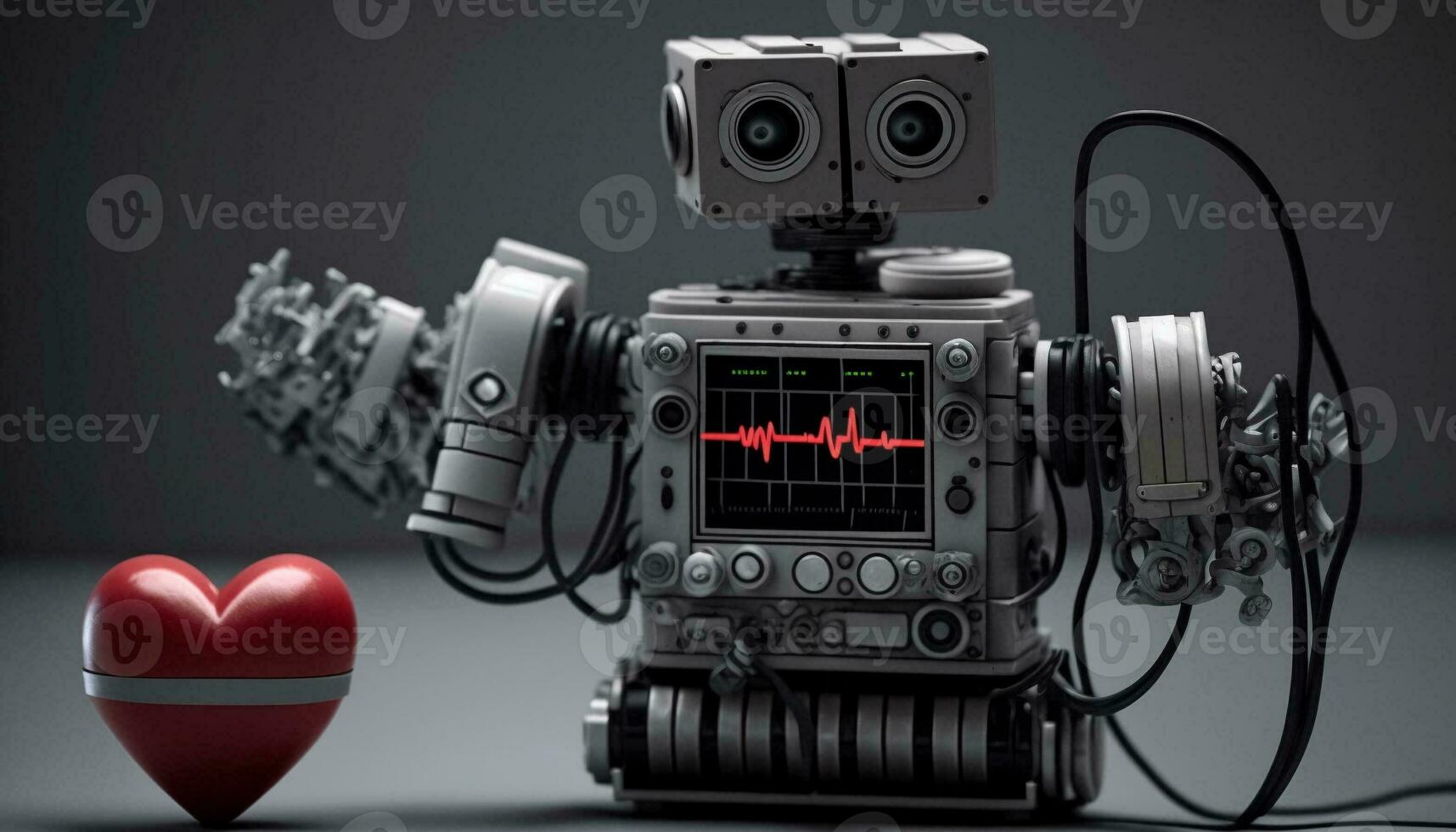 robot man eller mycket detaljerad trogen android isolerat på svart bakgrund, puls, robot hjärtslag. generativ ai. foto