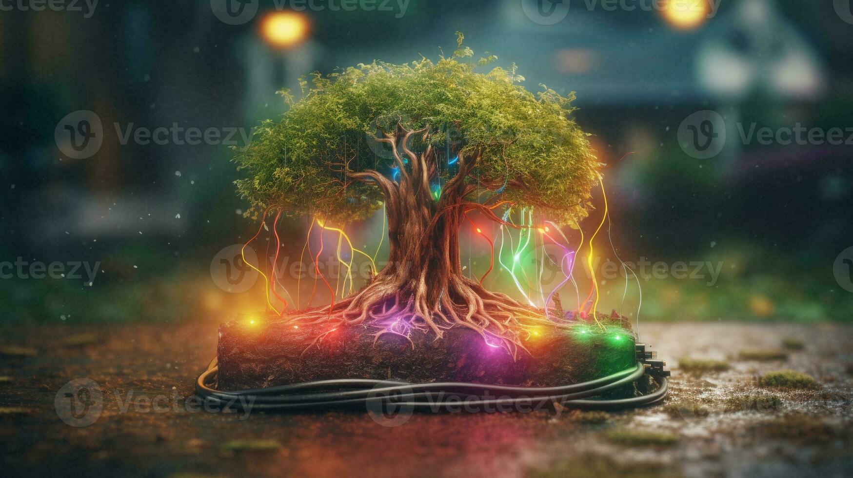 skön illustration av de symbolisk magi träd av livet.den ev laddning station exploderar med färgrik träd rötter. generativ ai. foto