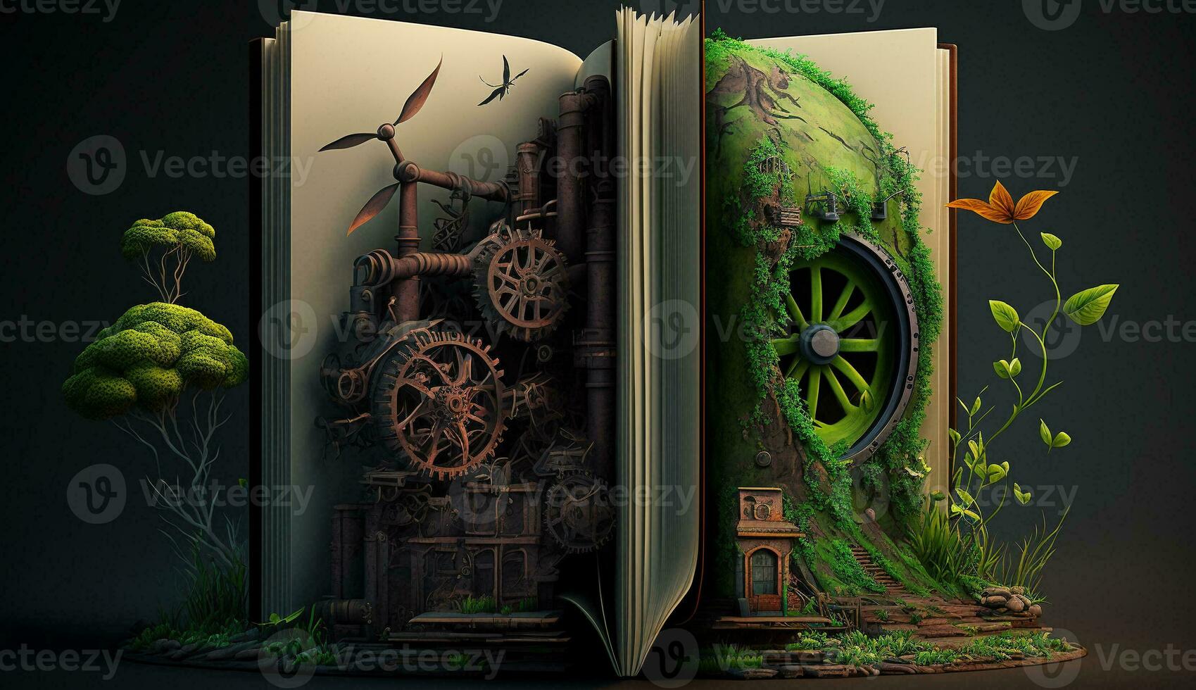 ett öppen fantasi bok illustration på de motsatt sida av de gammal industriell design förorenande med grön kraft och säker jorden. ai generativ. foto