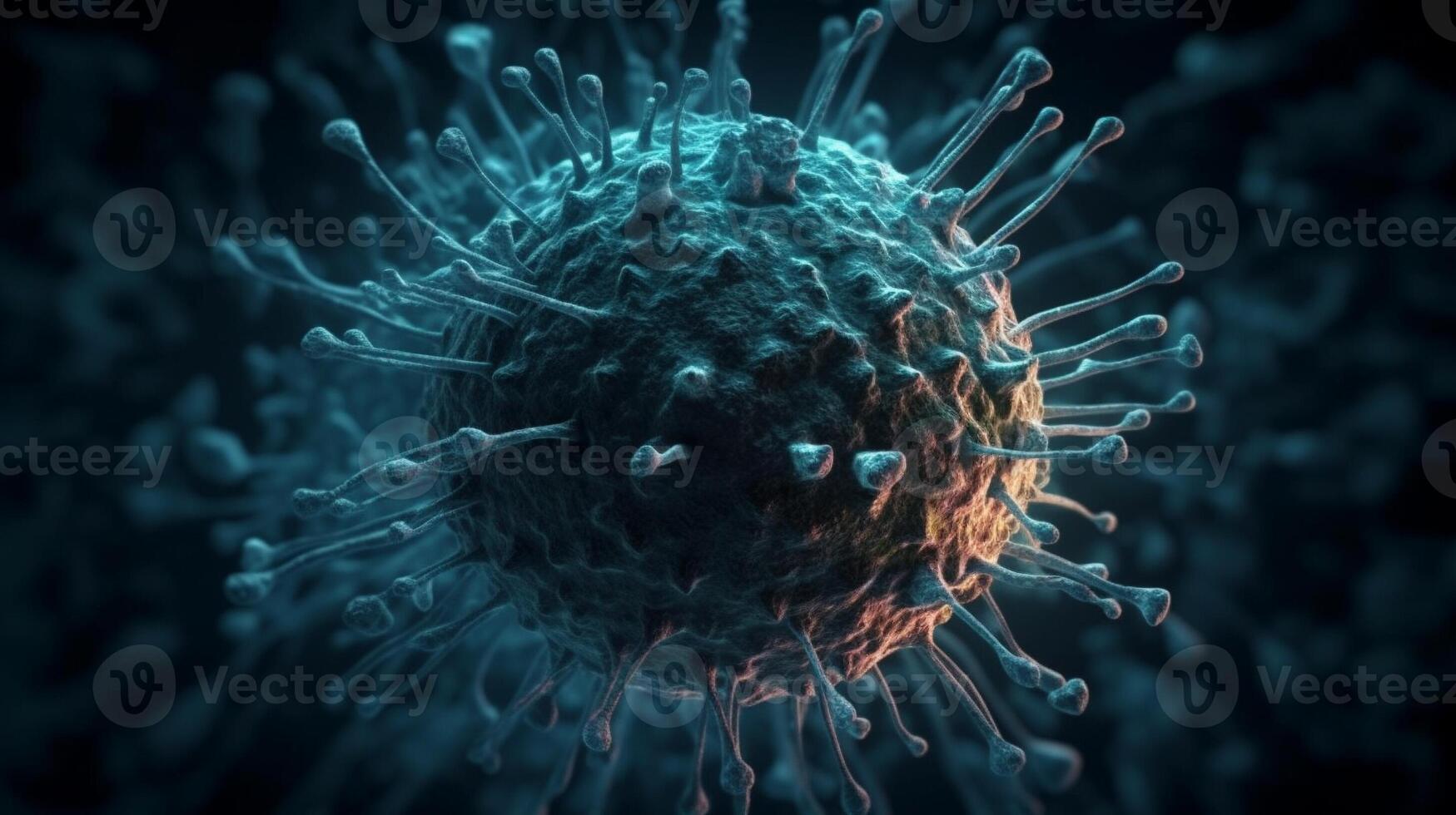 coronavirus pandemi risk begrepp av de covid 19 virus sjukdom virus mikroskop stänga upp se, 3d illustration. generativ ai. foto