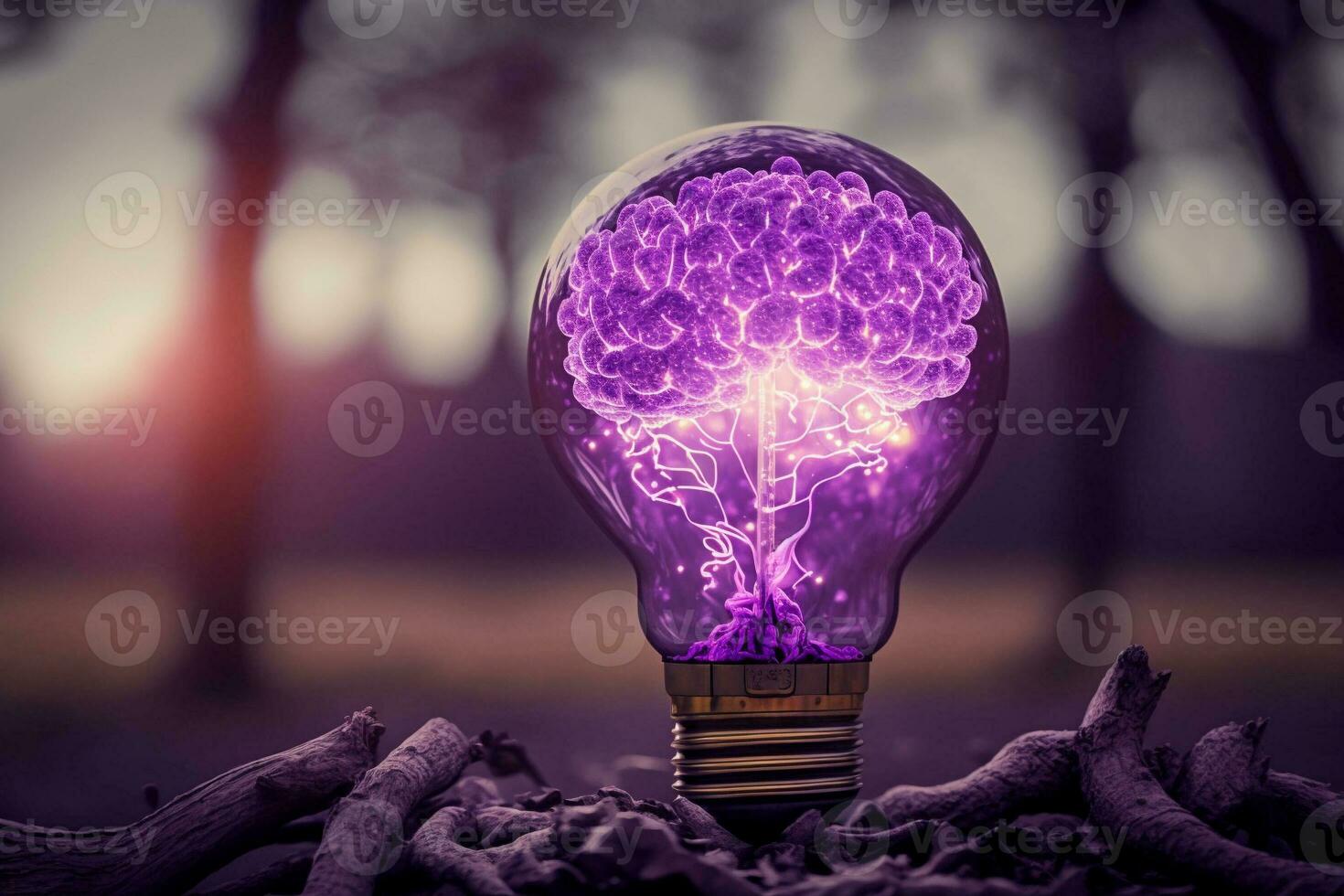 mänsklig hjärna lysande inuti av ljus Glödlampa lila. generativ ai. foto