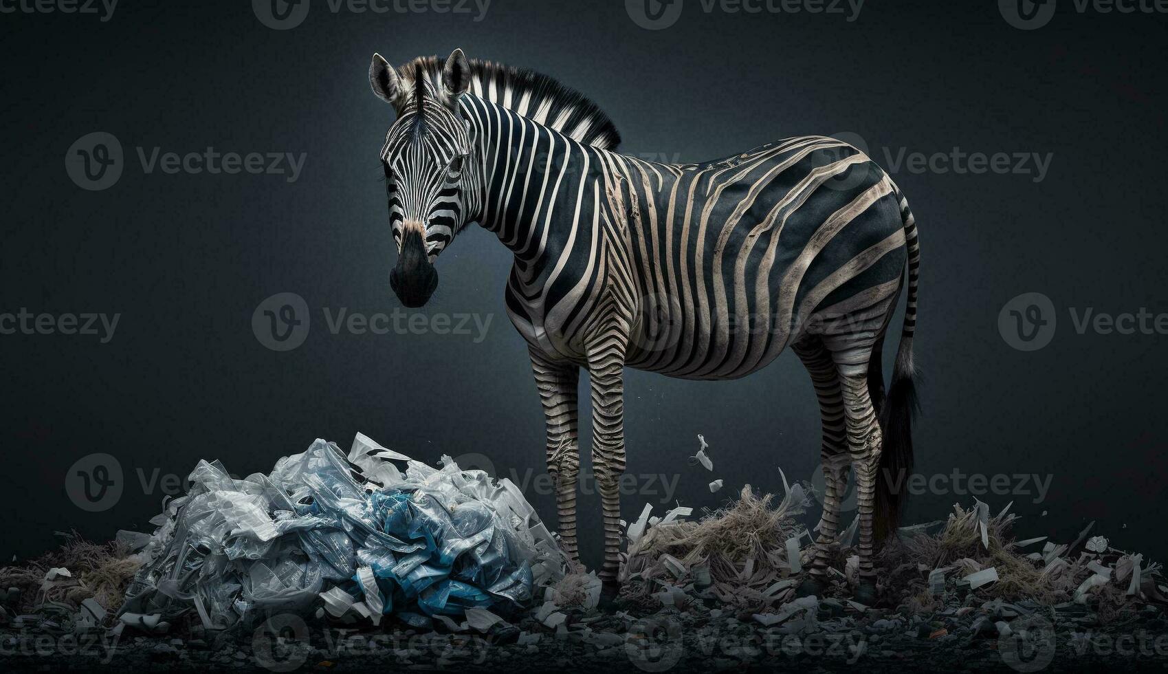 en zebra står nära en lugg av plast avfall, koncept av sparande de värld. generativ ai. foto