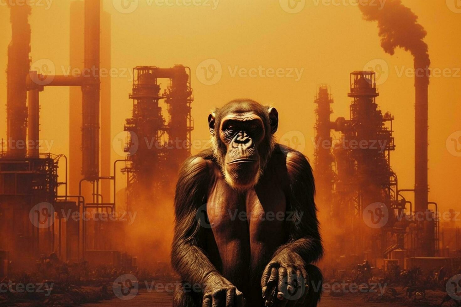 en apa står i främre av kemikalier ovan de fabrik. generativ ai. foto