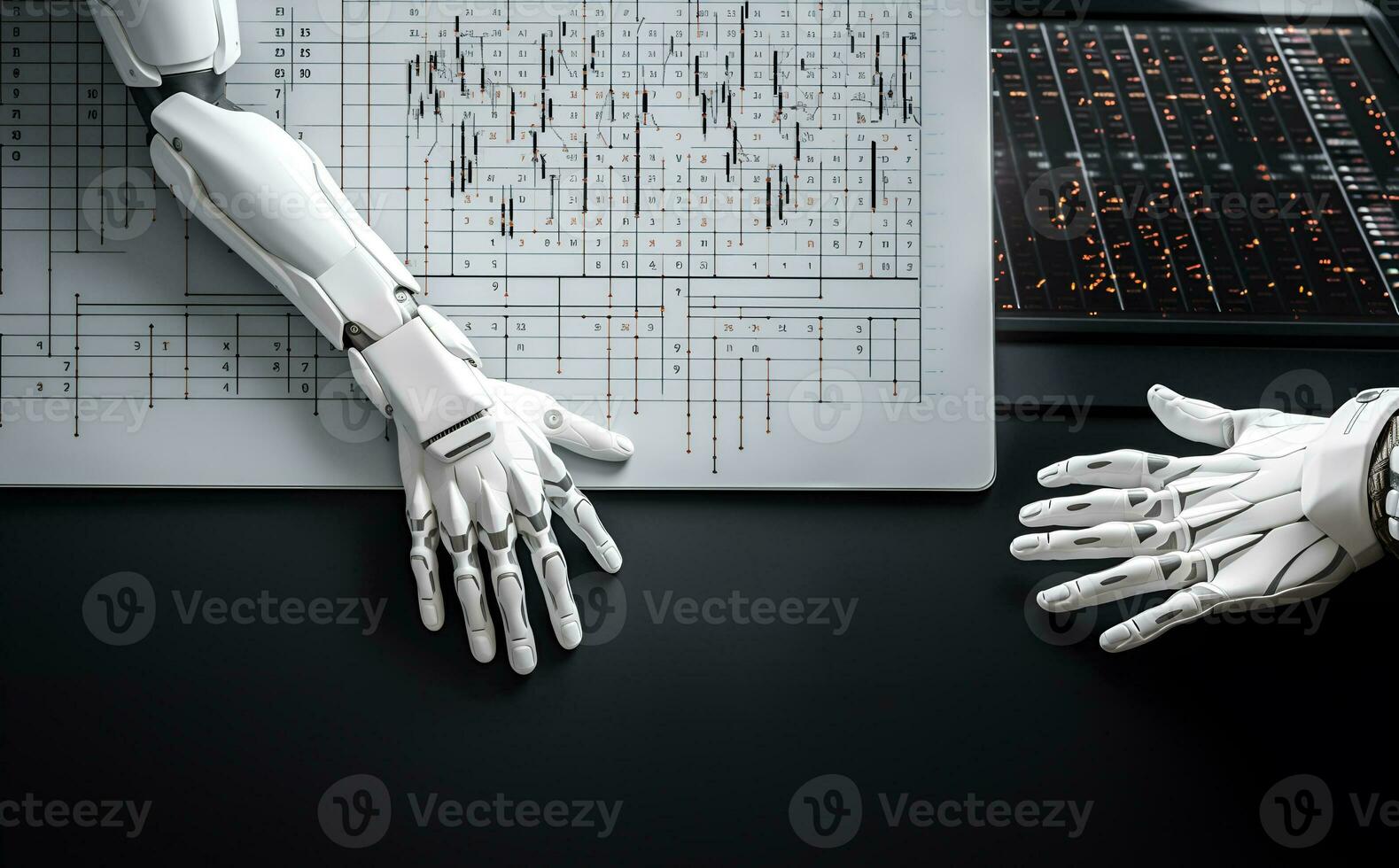 topp se av vit robot händer på tangentbord, grafer på tömma Plats för text. ai generativ. foto