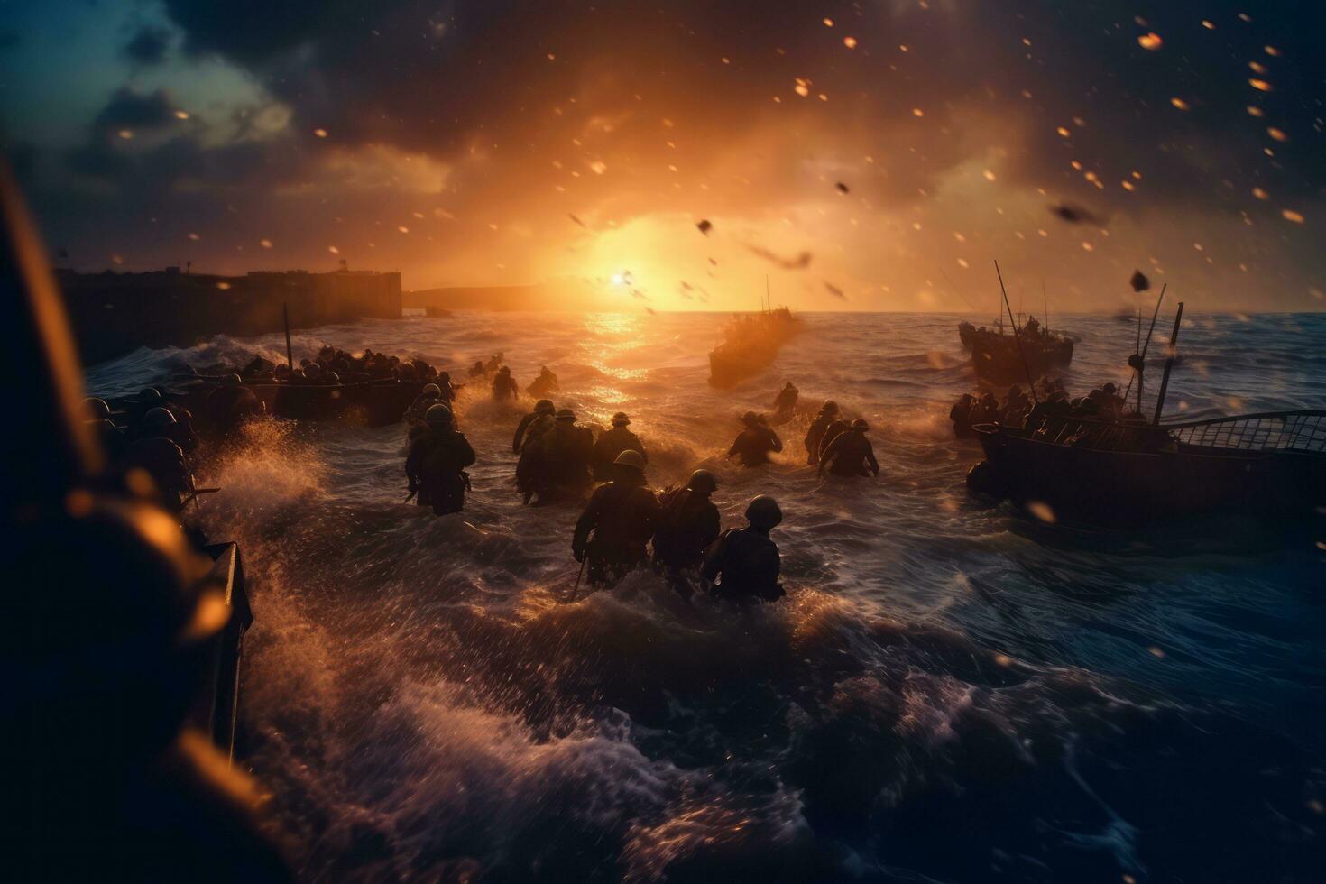 en dynamisk effektfull bild fångande de kaos och mod av de soldater stormar de stränder av normandie under de intensiv D-dagen invasion. generativ ai foto