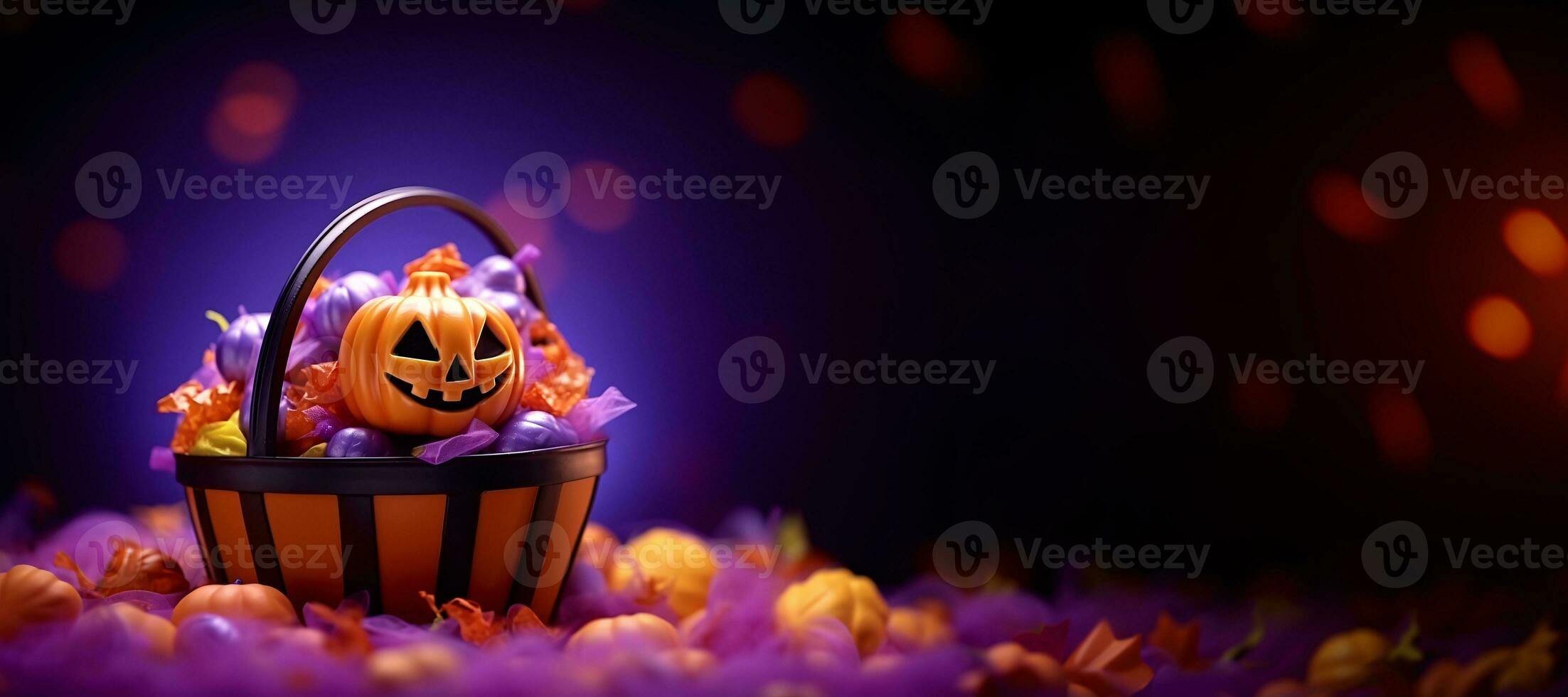 levande halloween pumpa korg med godis på isolerat violett bakgrund. begrepp halloween baner med kopia klistra. generativ ai foto