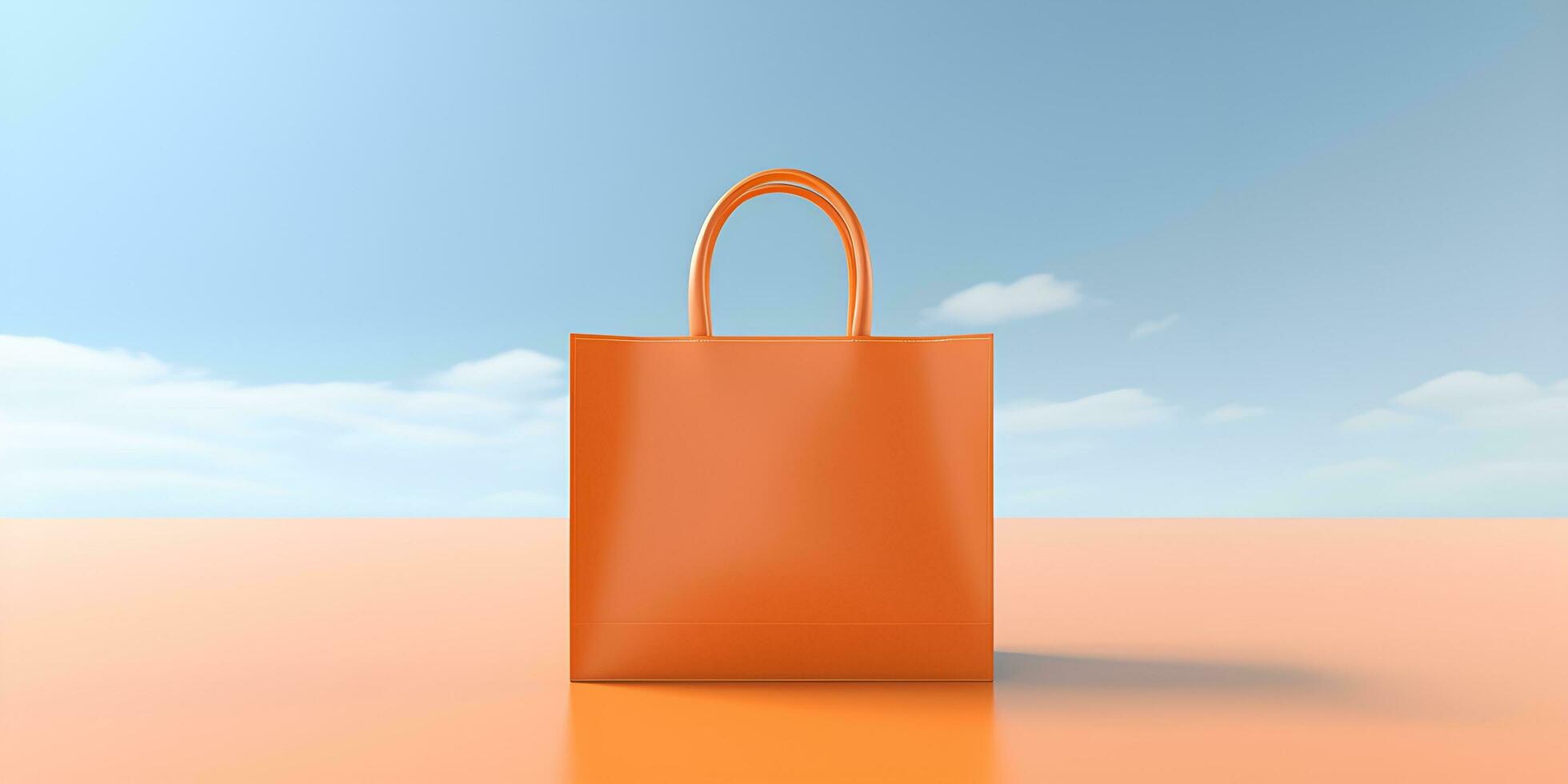 orange handla väska med blå hav strand och klar himmel bakgrund ai generativ foto