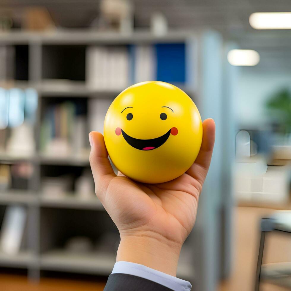 arbetarens hand innehav en gul leende emoji boll, ai generativ foto