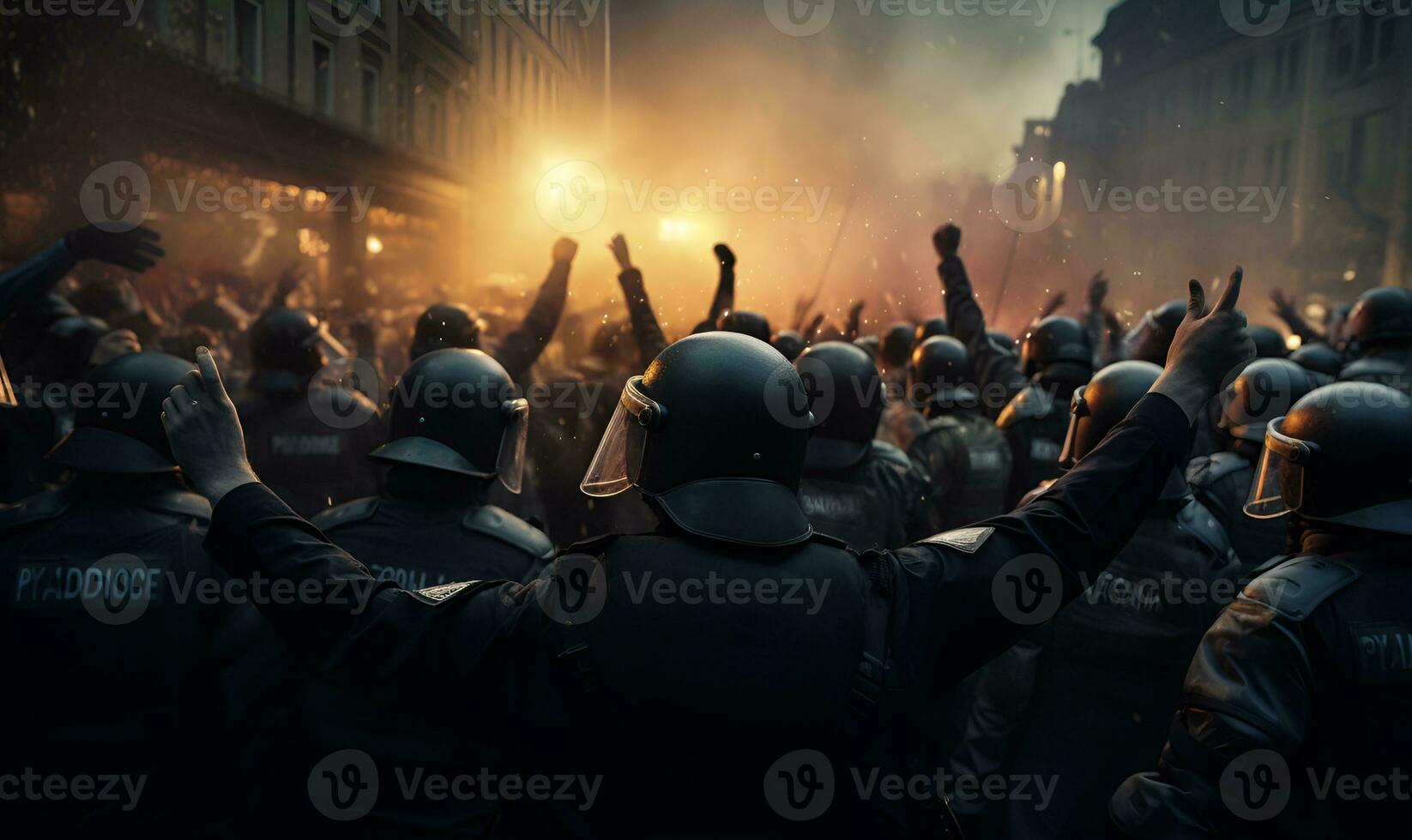 upplopp polis är bevakning de demonstration, ai generativ foto