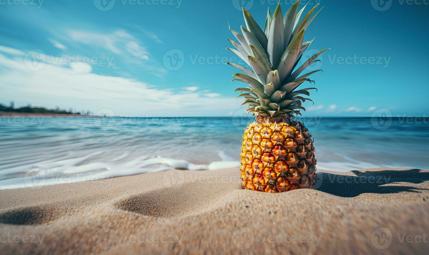 ananas på strand sand stänga upp, ai generativ foto