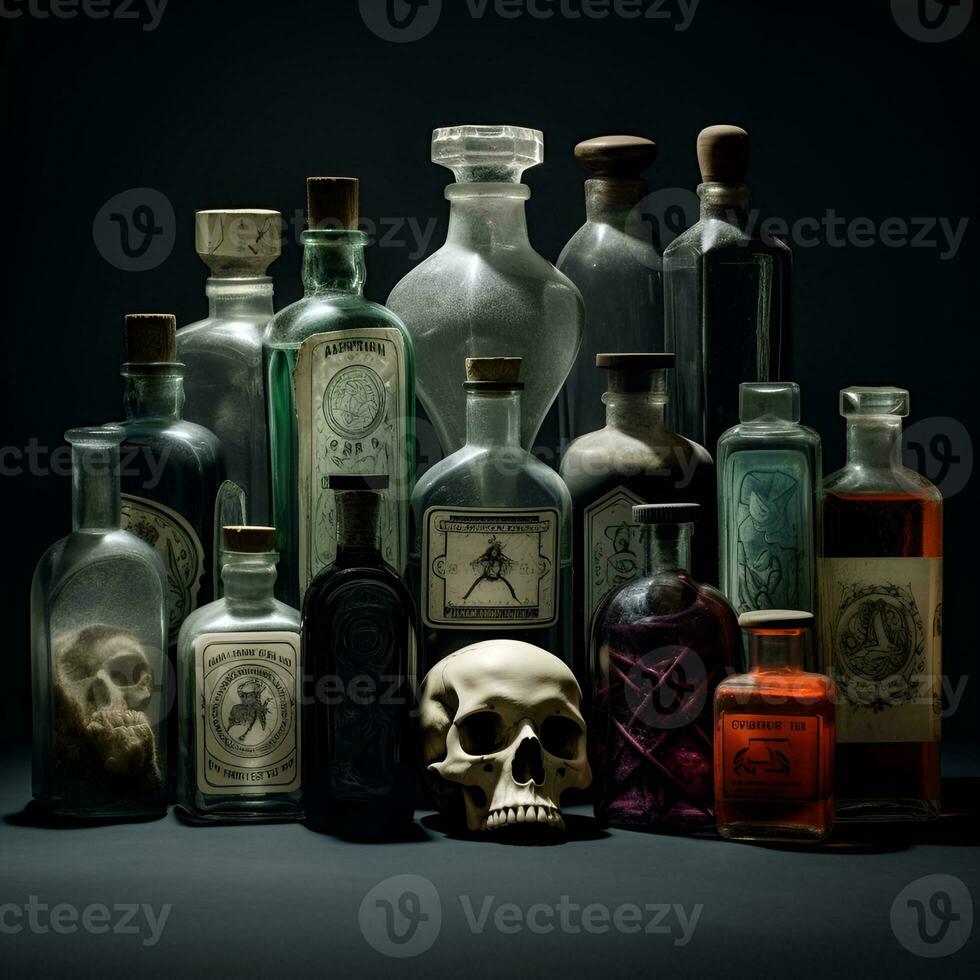 olika förgifta flaskor och skallar, generativ ai foto