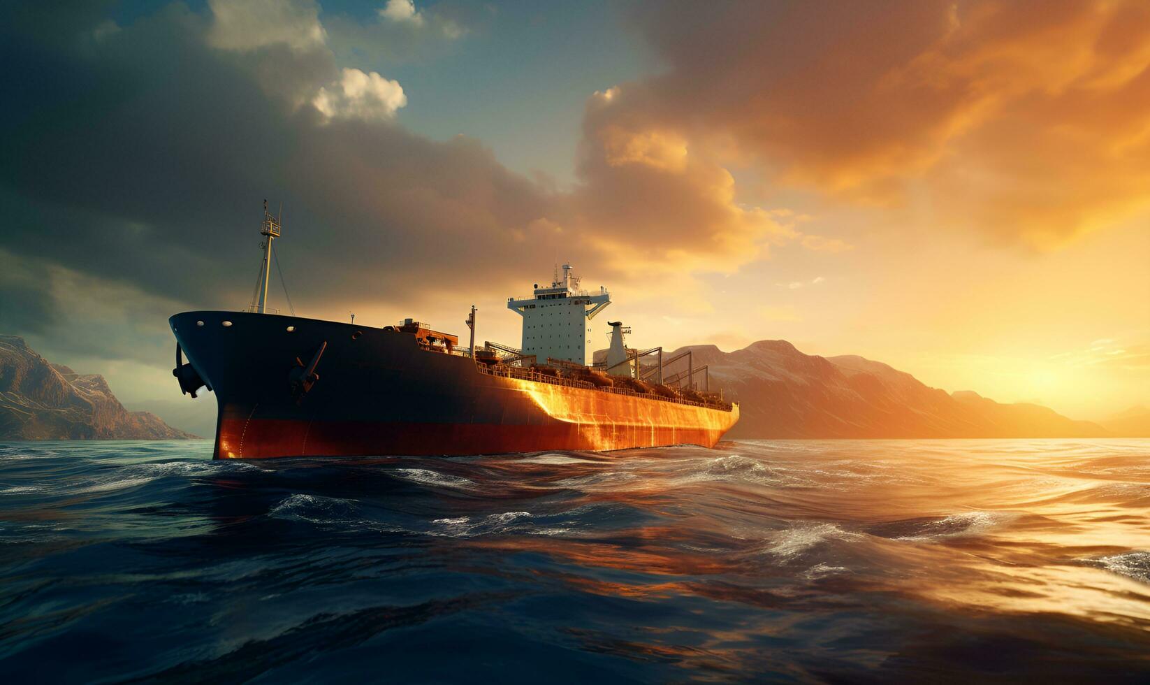 olja tankfartyg i de mitten av de hav på solnedgång, ai generativ foto