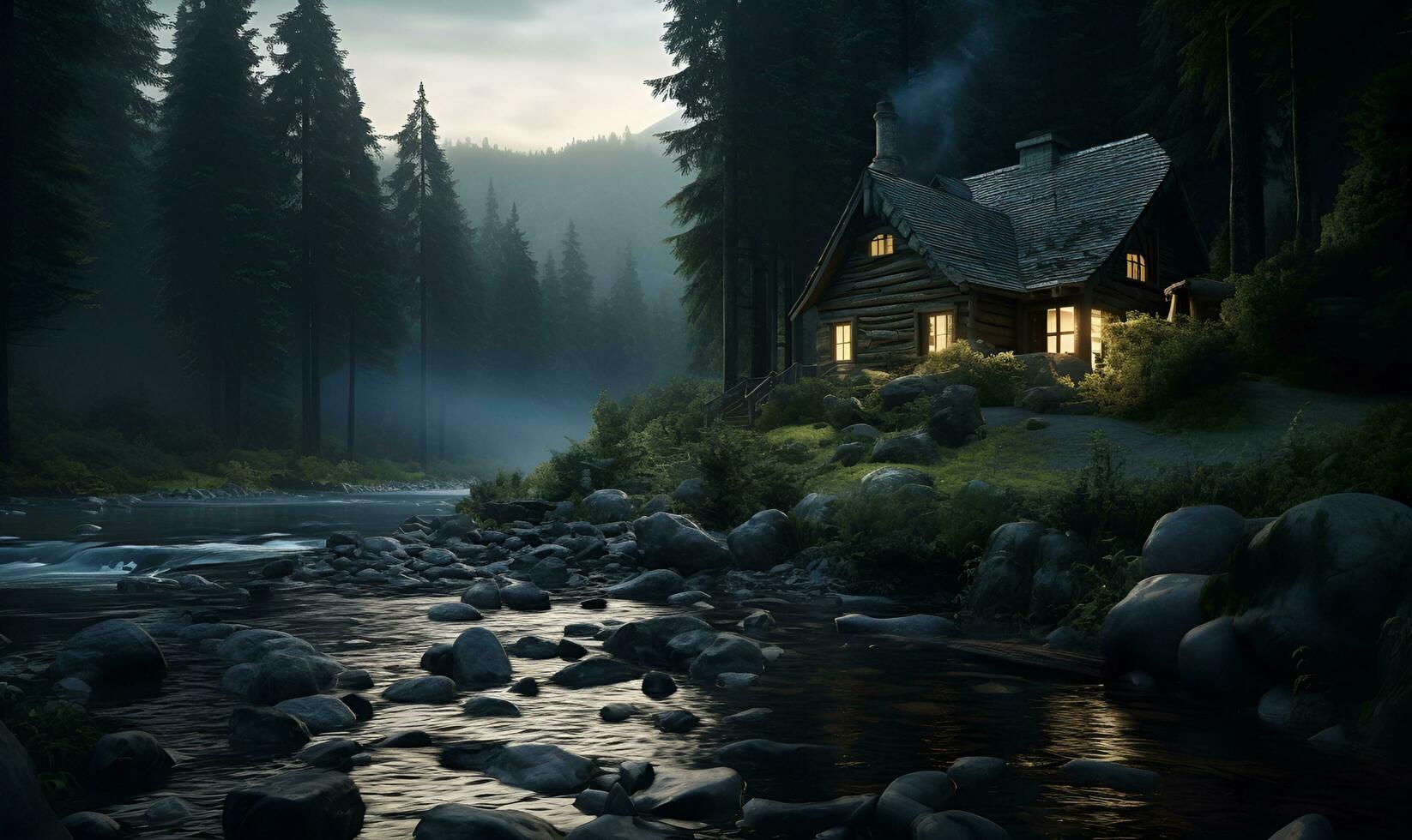 ensam trä- hus i de flodstrand skog, ai generativ foto