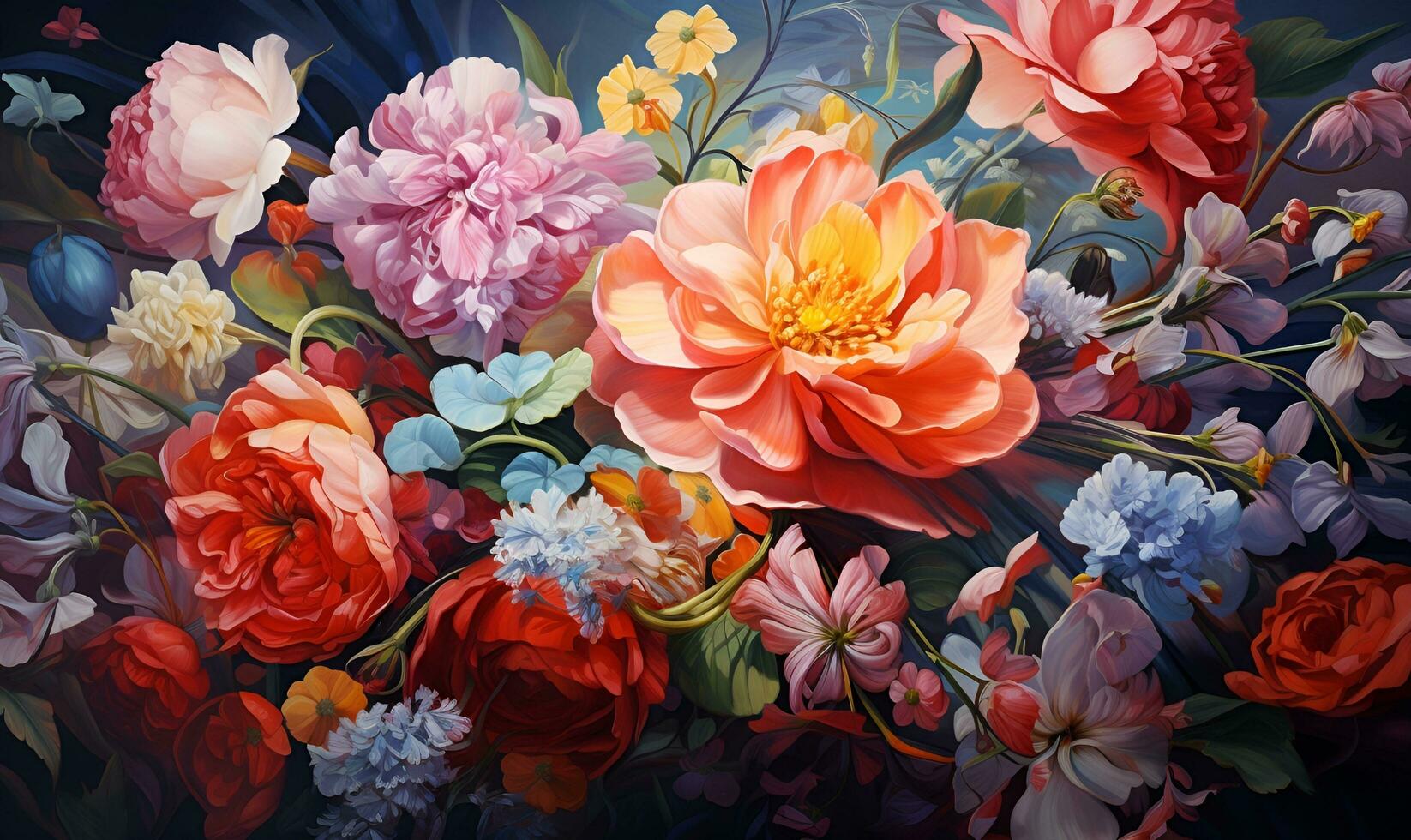 målning bakgrund av olika blommor full skärm präglade, ai generativ foto