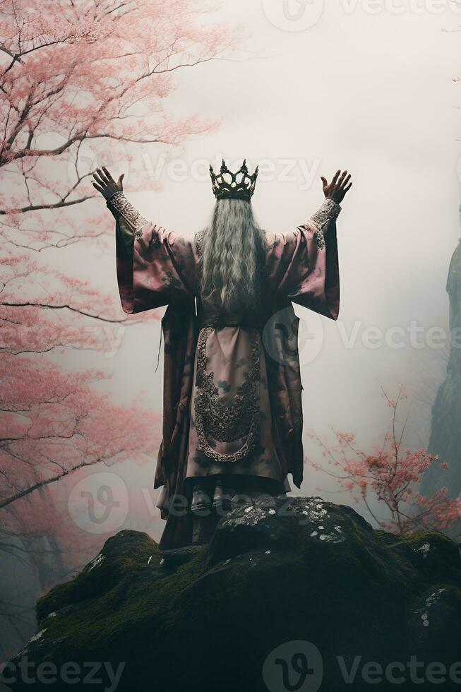 de gammal kung höjer hans hand på de sten, ai generativ foto