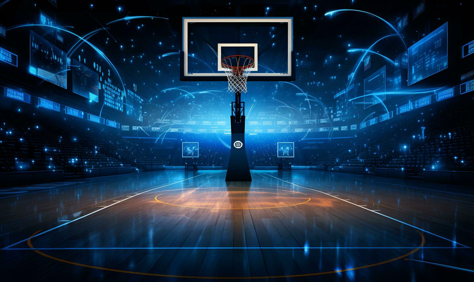 basketboll domstol på natt med lampor, ai generativ foto
