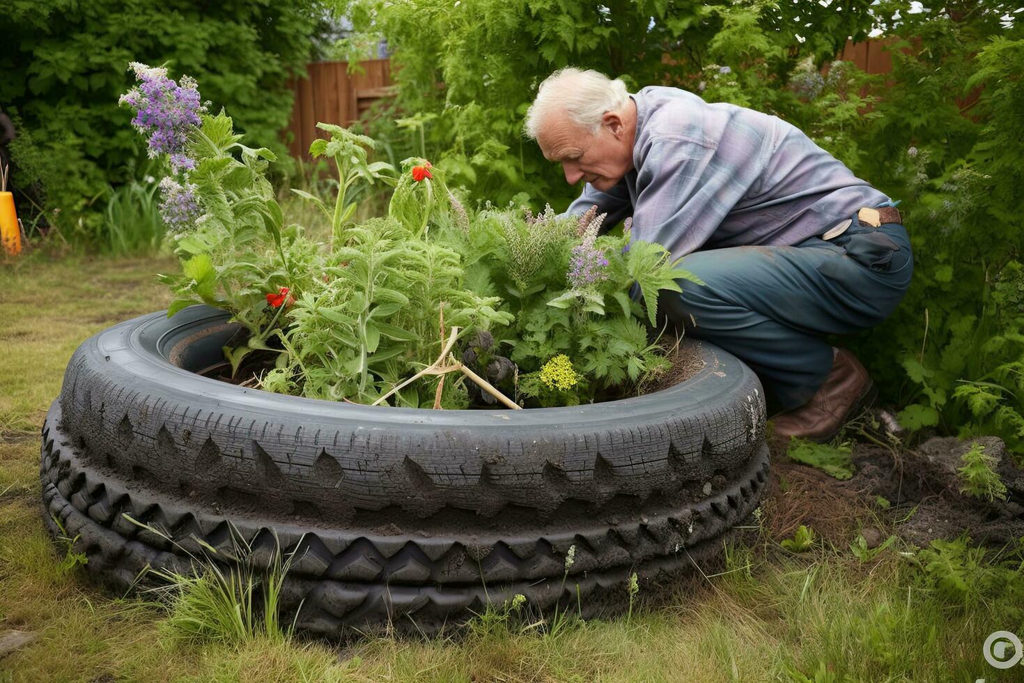 senior man återanvändning ett gammal däck in i en trädgård plantering, demonstrera de kreativ potential av upcycling kasseras material. ,generativ ai foto