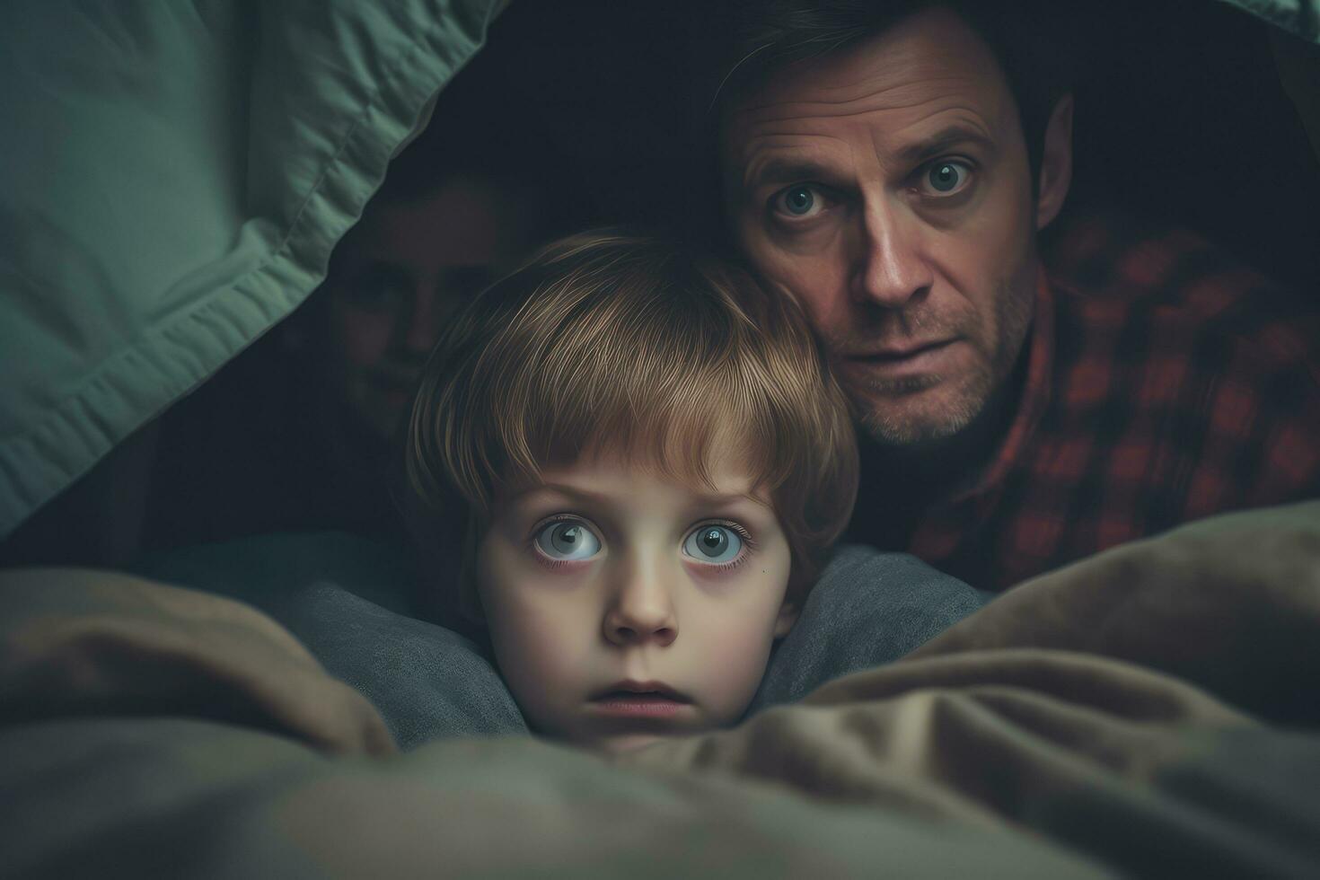 familj tittar på en Skräck film sovrum på hem, generativ ai. foto