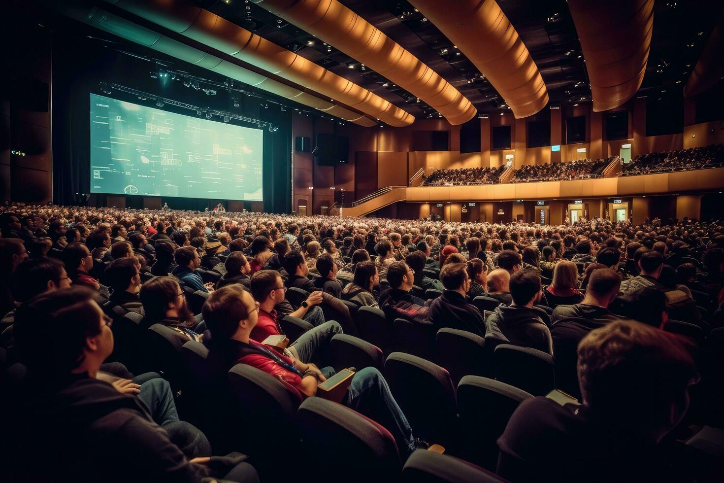 konferens hall publik full av tech människor, tech företag koncept, generativ ai. foto