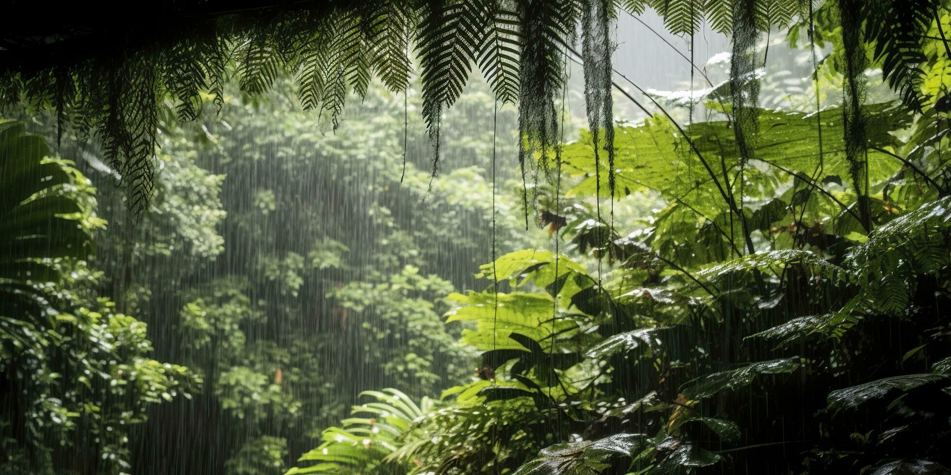 regn falls i en regnskog med de regn droppar. generativ ai foto