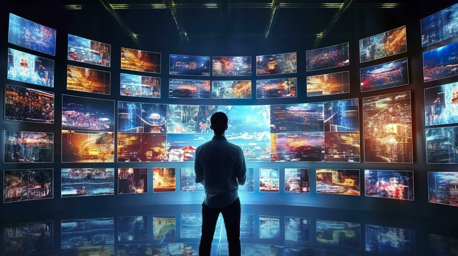 en person tittar på en video vägg med multimedia bilder på annorlunda tv skärmar. generativ ai foto