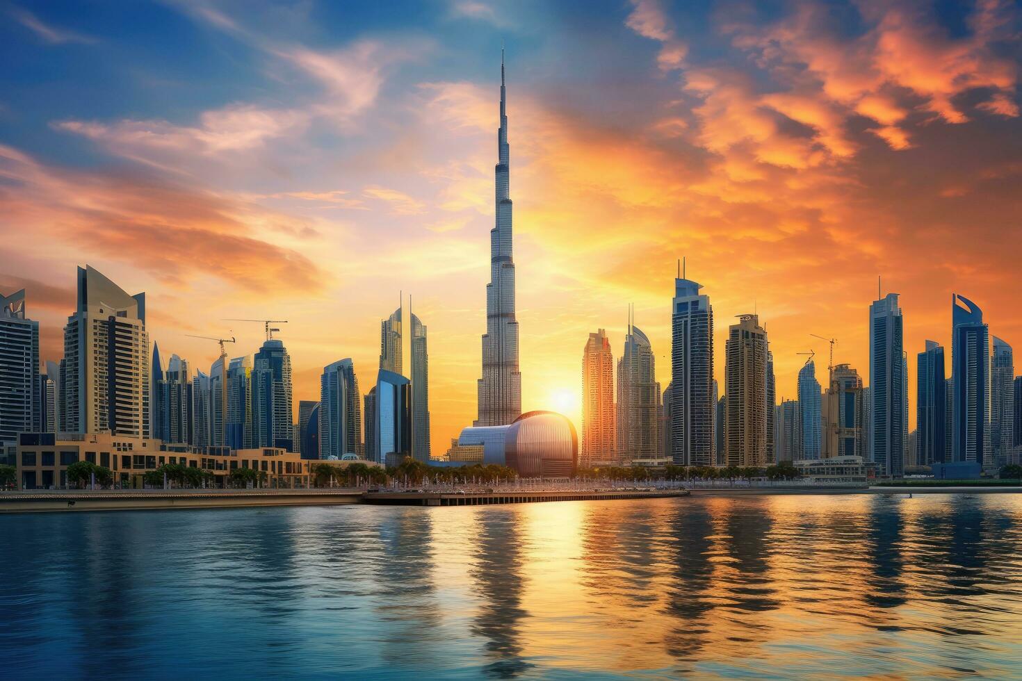 dubai horisont på solnedgång, förenad arab emirater, mitten öster. skön dubai stadens centrum på de solnedgång, dubai, förenade arab emirater, ai genererad foto
