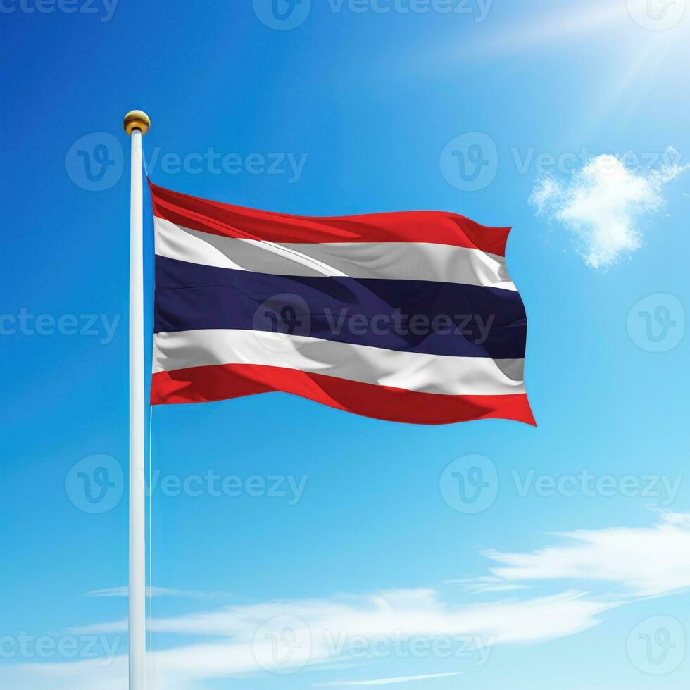 vinka flagga av thailand på flaggstång med himmel bakgrund. foto