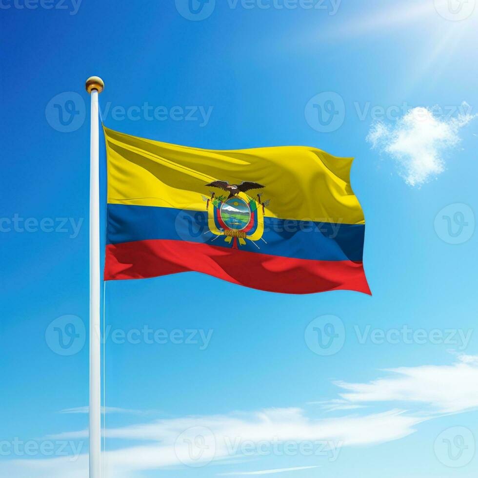 vinka flagga av ecuador på flaggstång med himmel bakgrund. foto