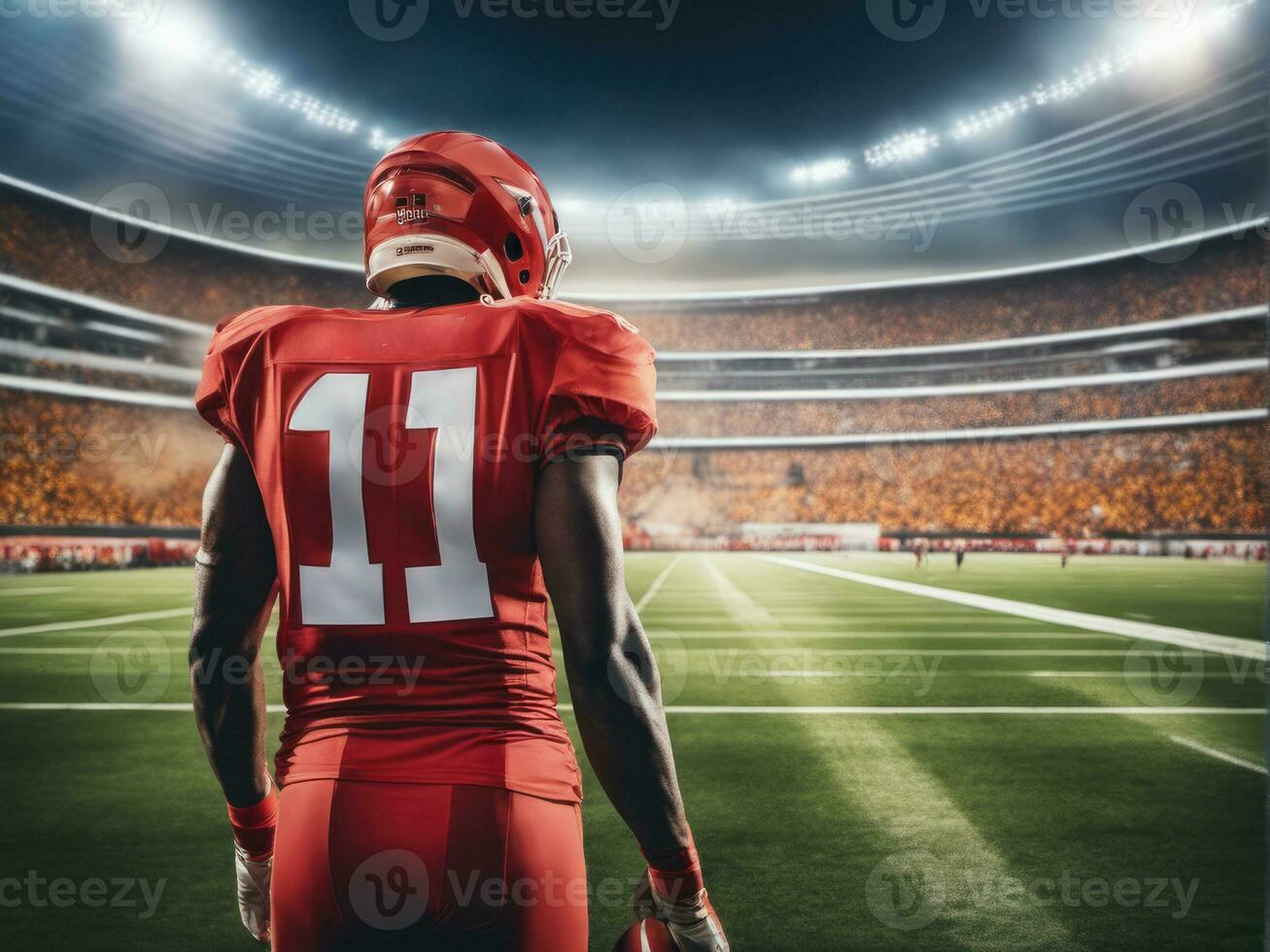 amerikan fotboll spelare bär i enhetlig på bakgrund stadion ai genererad foto