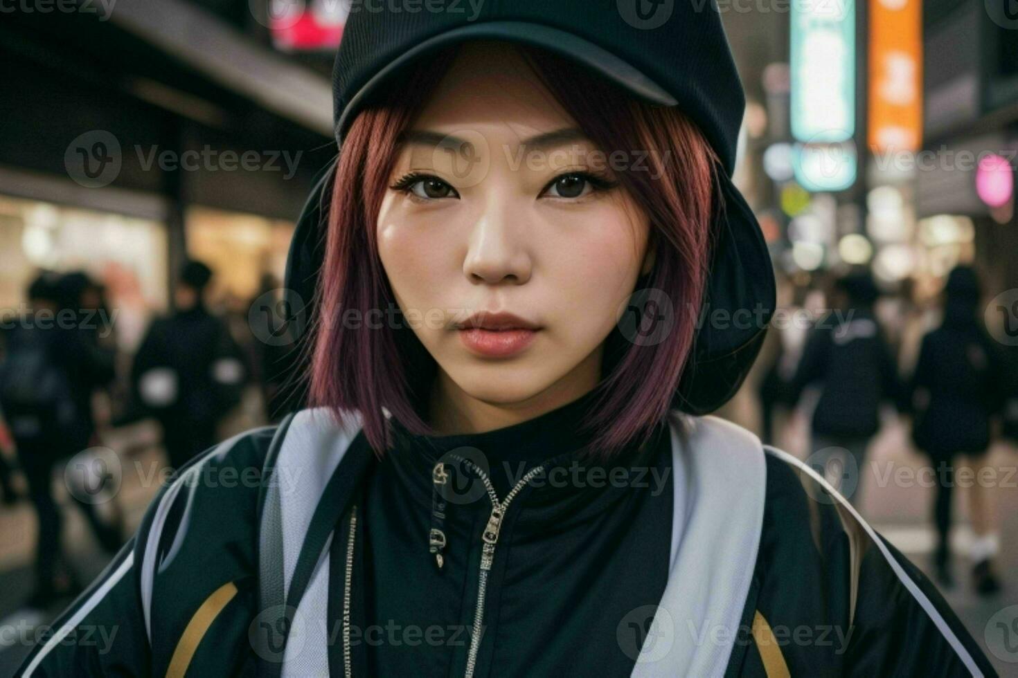 porträtt av en kvinna i streetwear på de gata. ai generativ proffs Foto